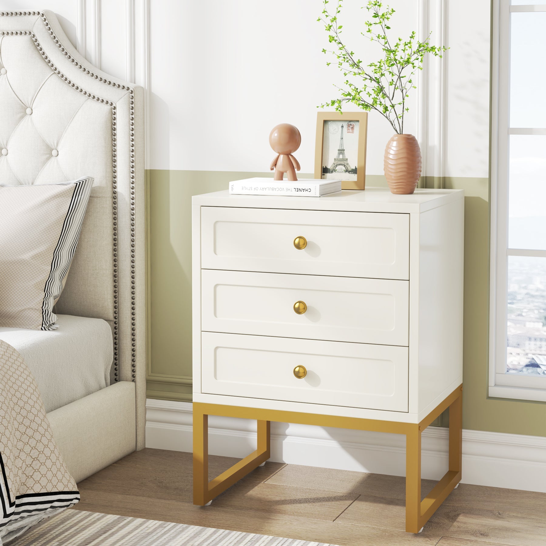 3-Drawer Nightstand, Modern Bedside End Table with with Metal Legs