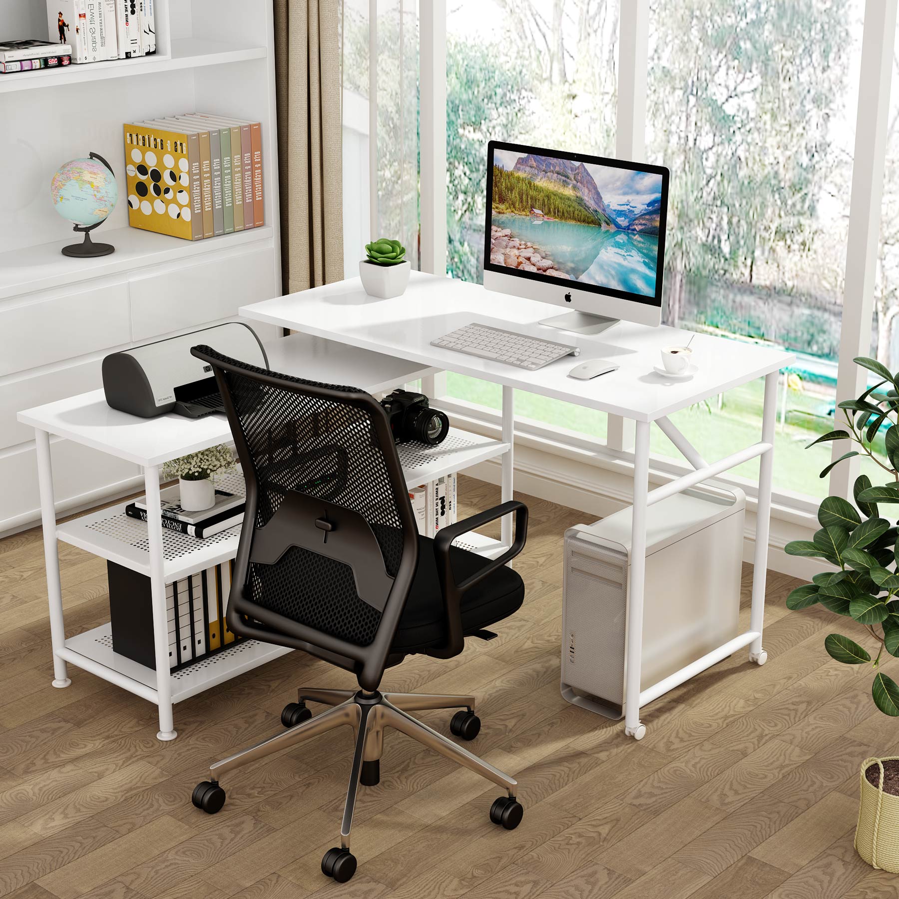 360° Rotating Desk, Modern L-Shaped Desk with Storage Shelves