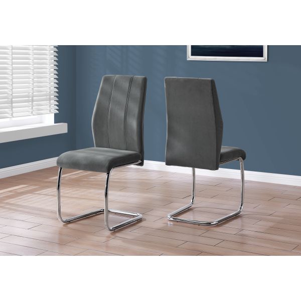 Dining Chair， Set Of 2， Side， Upholstered， Kitchen， Dining Room， Grey Velvet， Chrome Metal， Contemporary， Modern