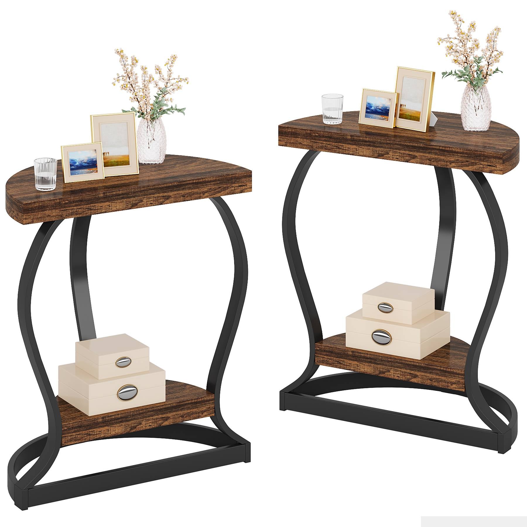 Half-Round End Table, Side Table with 2-Tier Shelves