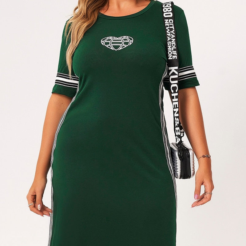 2021 New Summer Dress Women Green Splicing Striped O-neck Short Sleeve Slim Casual College Plus Size Dresses With Heart-Shaped