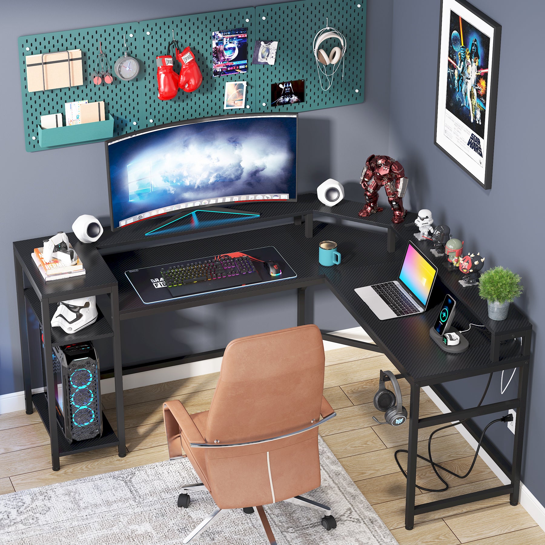 L-Shaped Gaming Desk Computer Desk with Power Outlets & LED Strips