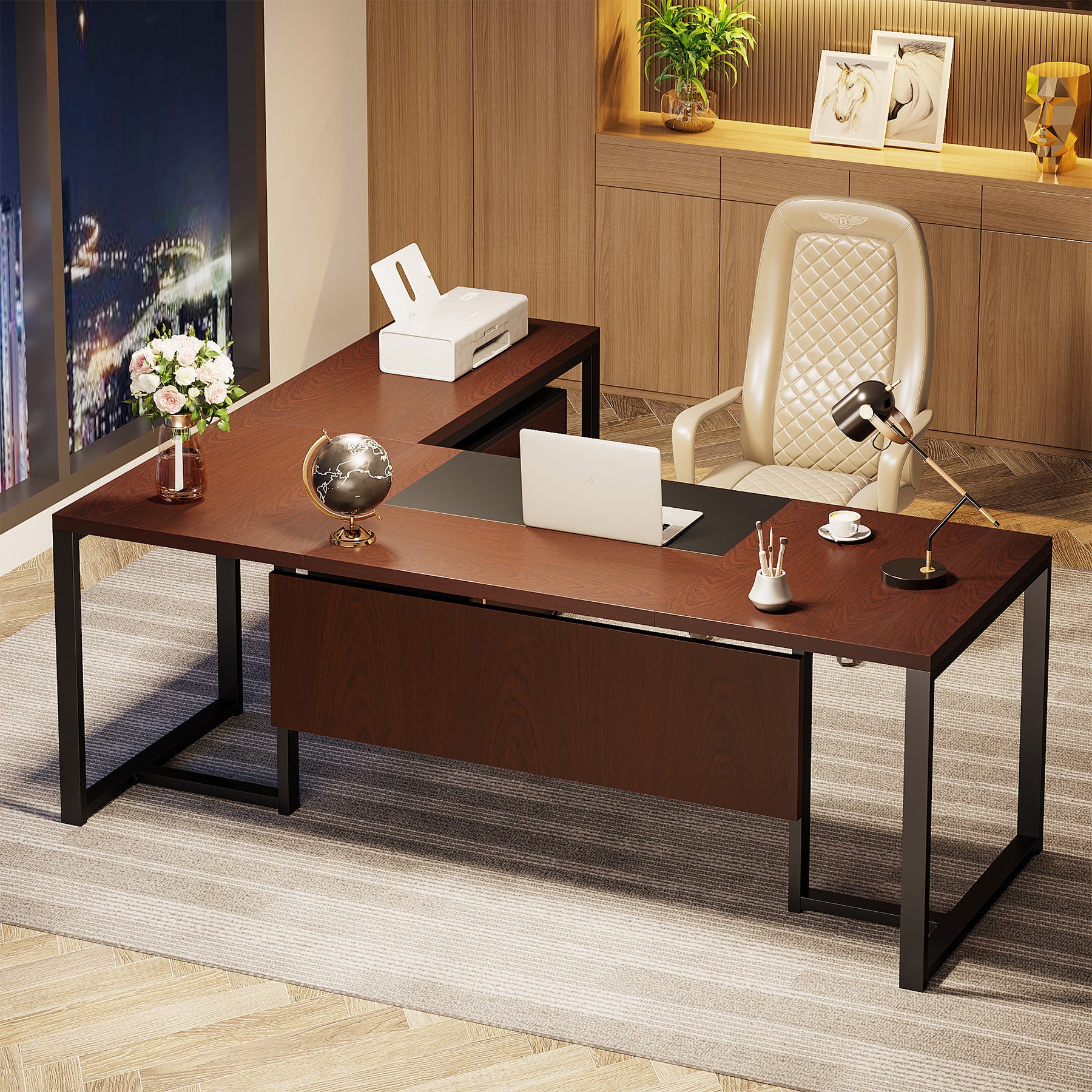 70.8” L-Shaped Desk, Large Executive Desk with Mobile File Cabinet