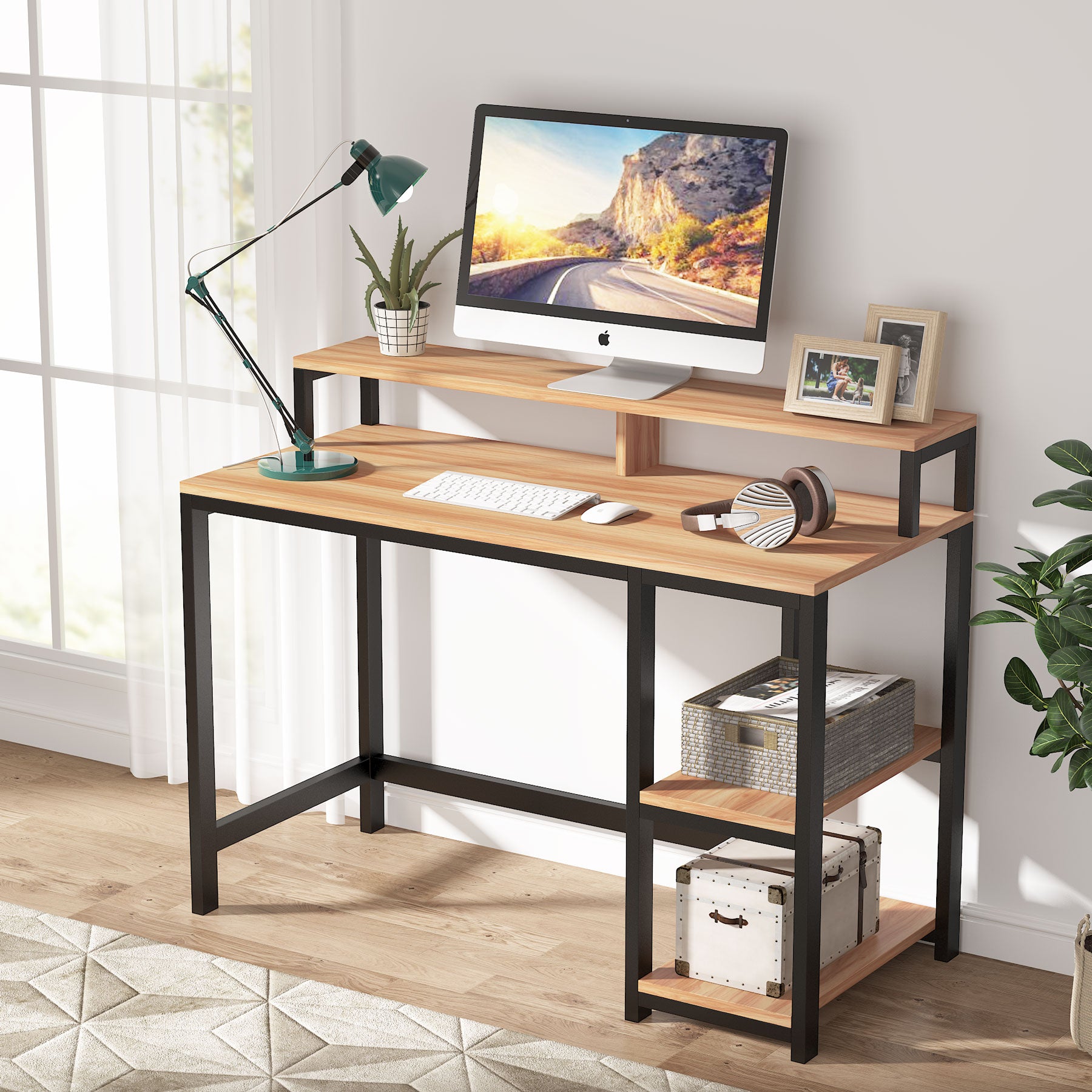 Industrial Computer Desk, Writing Desk with Shelves for Study