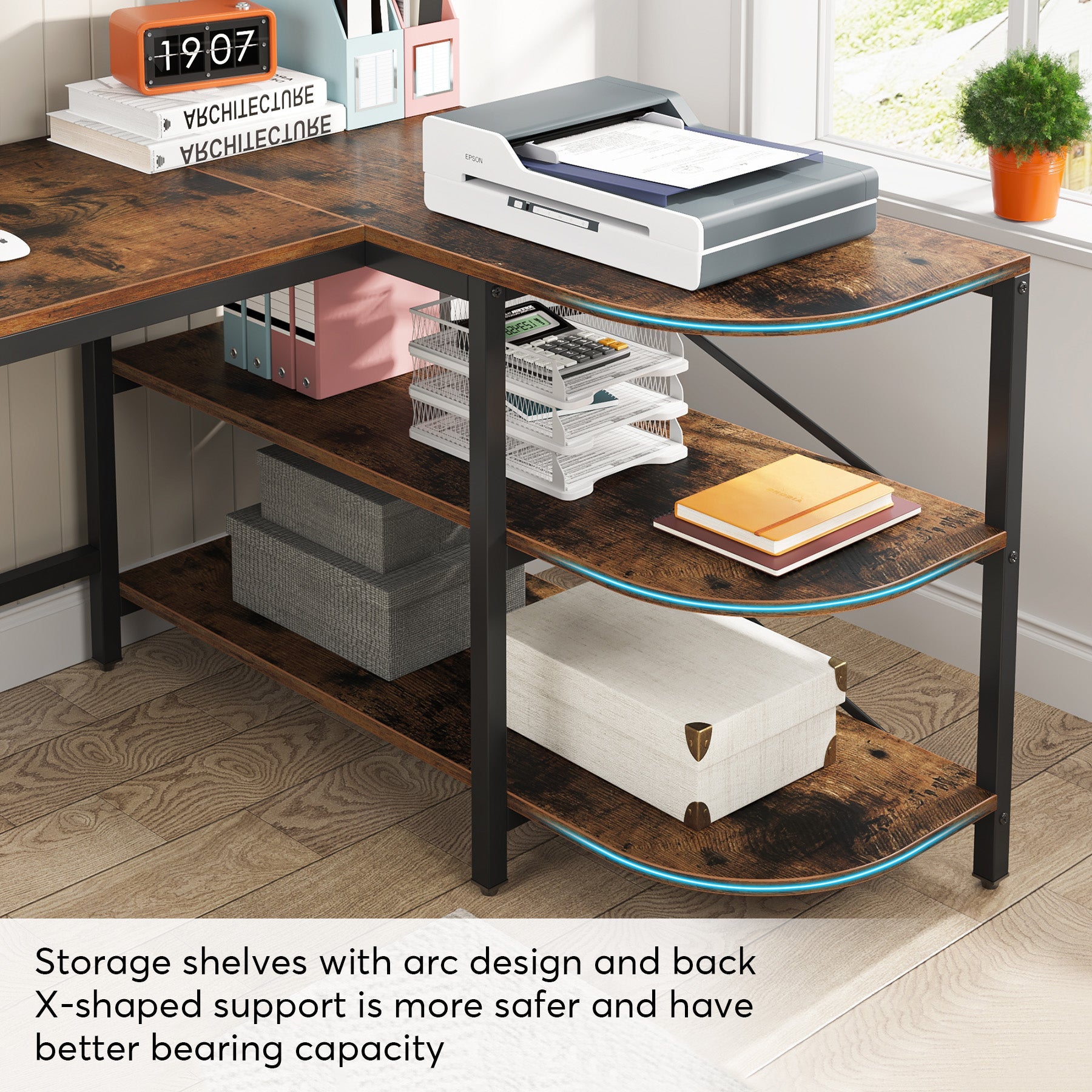 Industrial L-Shaped Desk Writing Desk with Storage Shelves