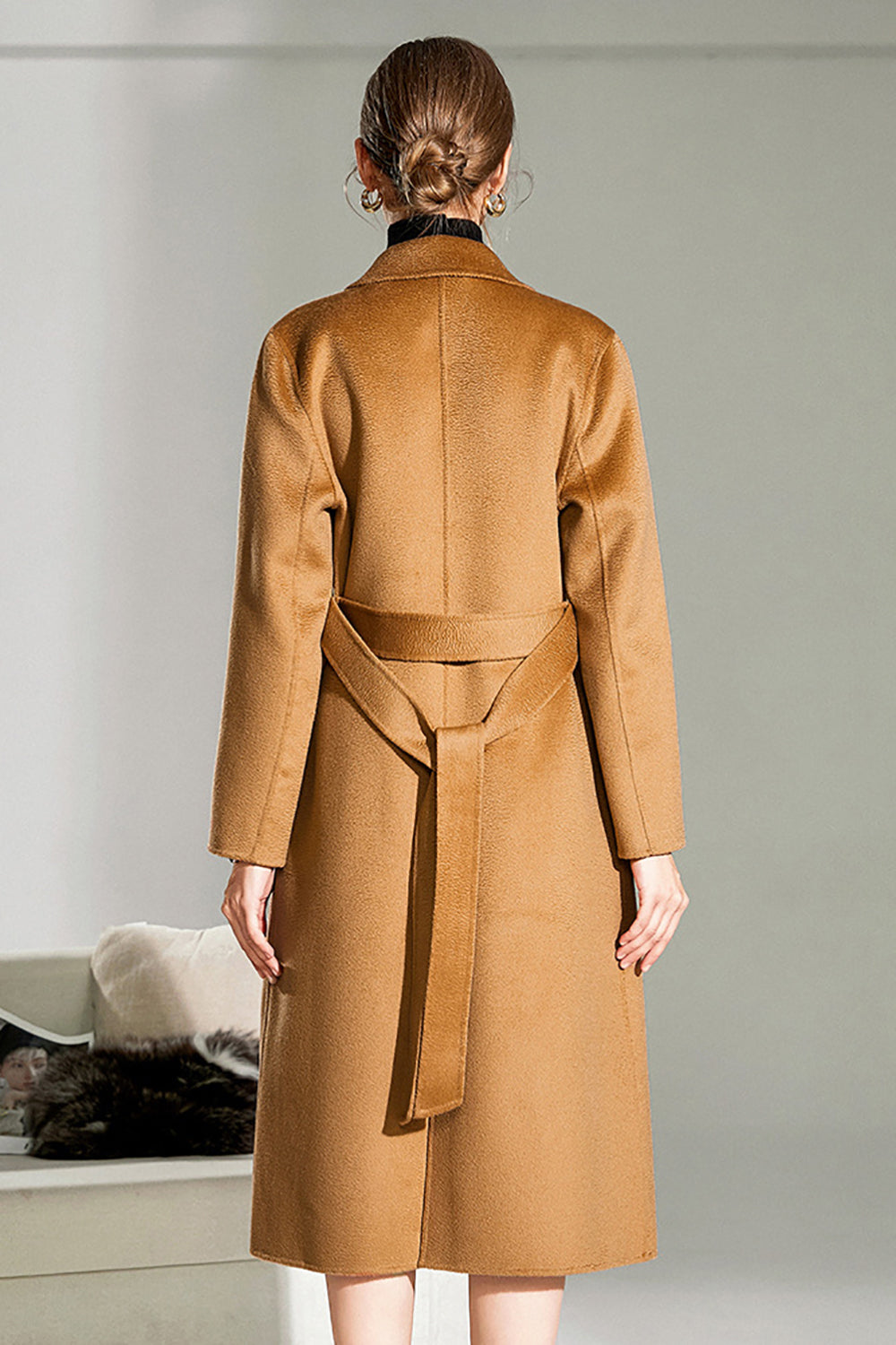Camel Wool Double Breasted Notched Lapel Long Coat with Belt