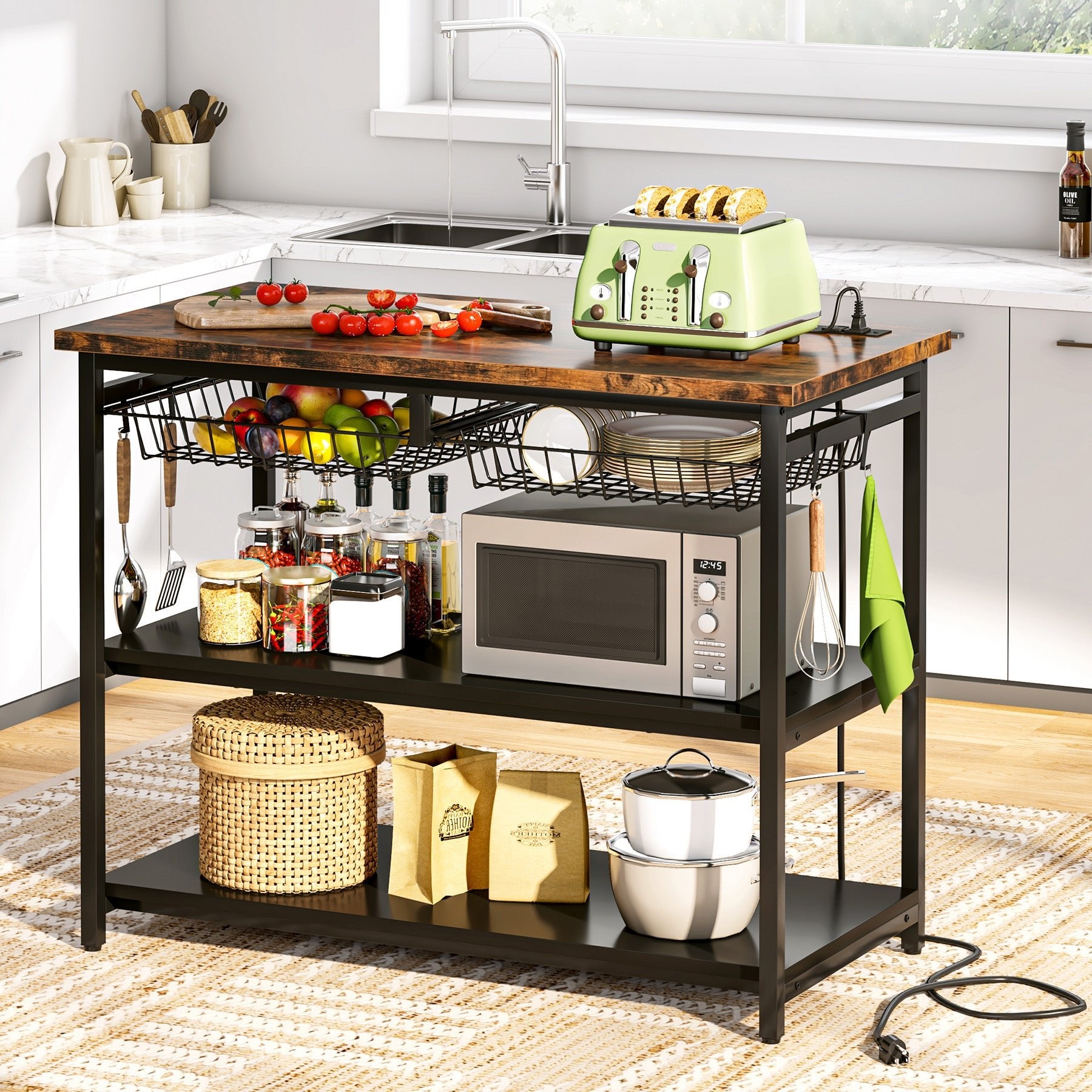 3-Tier Kitchen Island, kitchen Storage Organizer with Power outlets & Shelves