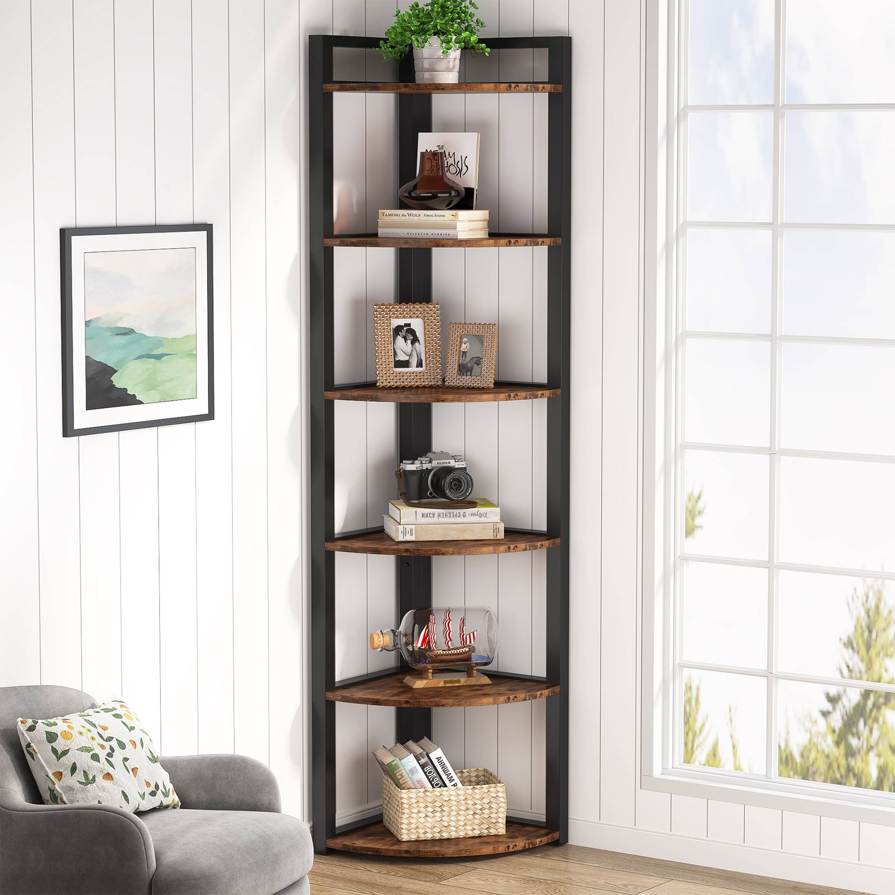 6-Tier Corner Shelf, Small Corner Bookshelf Storage Rack