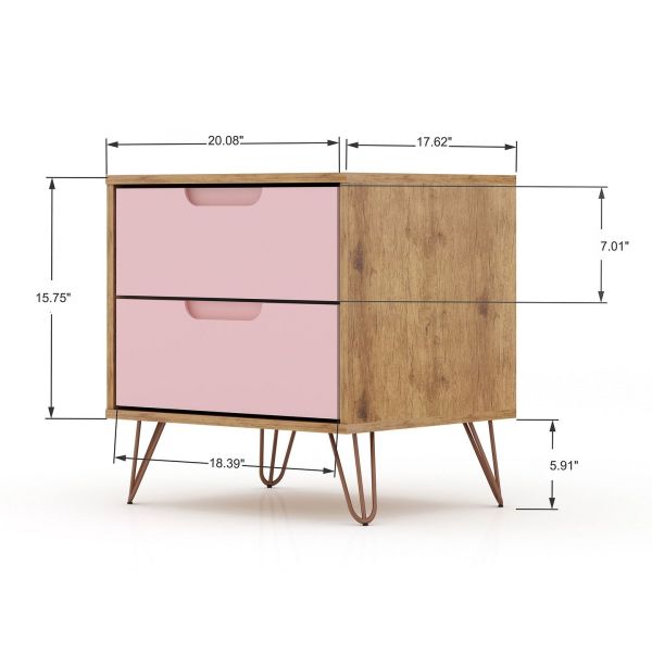 Rockefeller 3 Piece Bedroom Set Tall 5-Drawer Dresser， Standard 3- Drawer Dresser and 2-Drawer Nightstand in Nature and Rose Pink