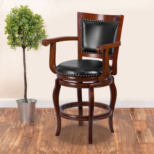 Vestina 26'' High Cherry Wood Counter Height Stool with Arms， Panel Back and Black LeatherSoft Swivel Seat
