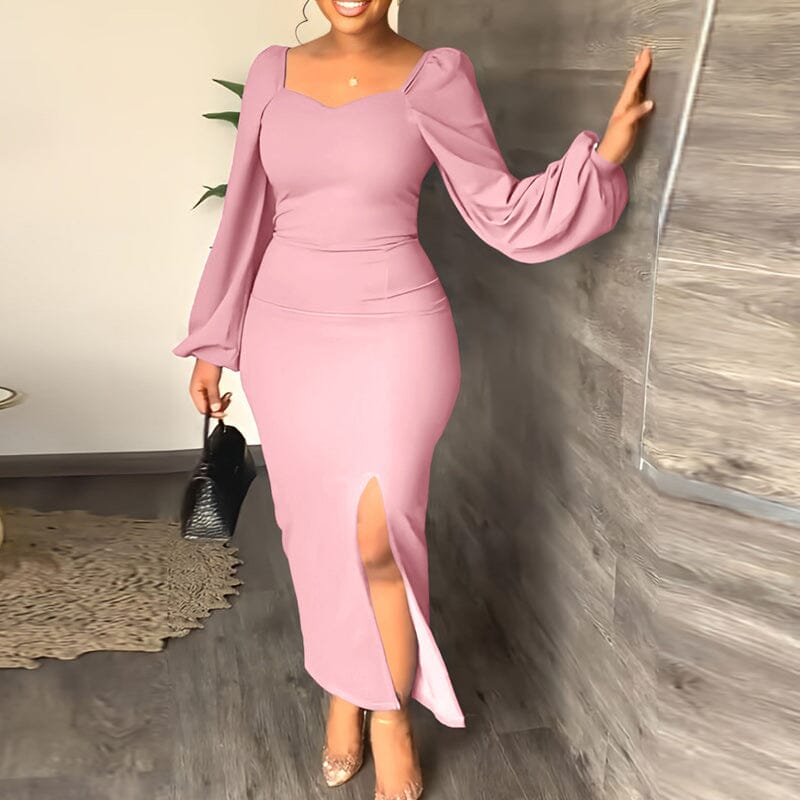 Long Sleeve Square Neck Slit Maxi Dresses