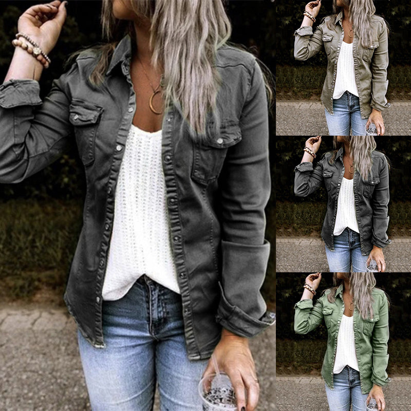 Solid Color Lapel Neck Pleated Denim Jacket