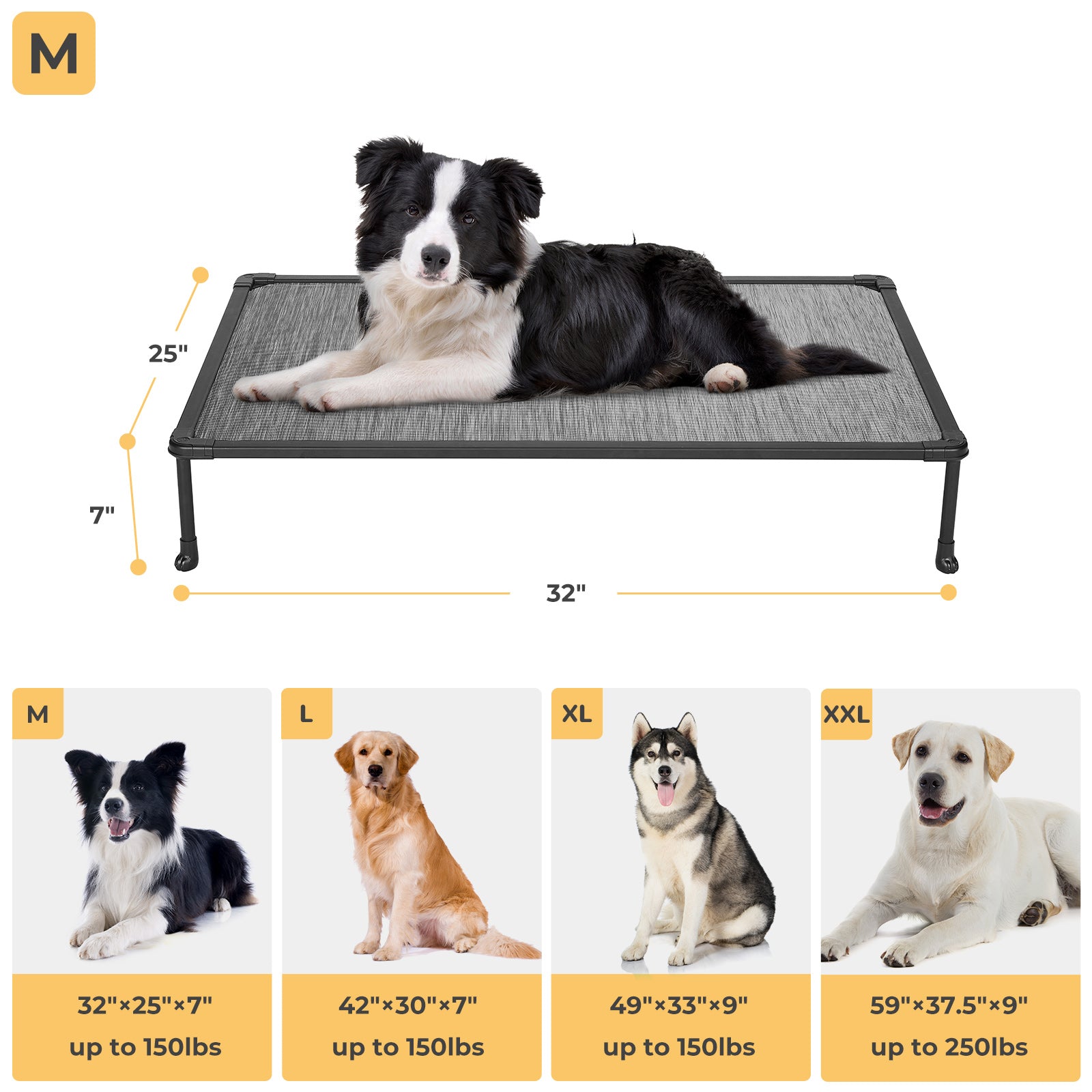 Veehoo Chewproof Dog Bed， Cooling Raised Dog Cots with Black Metal Frame， Medium， Black Silver