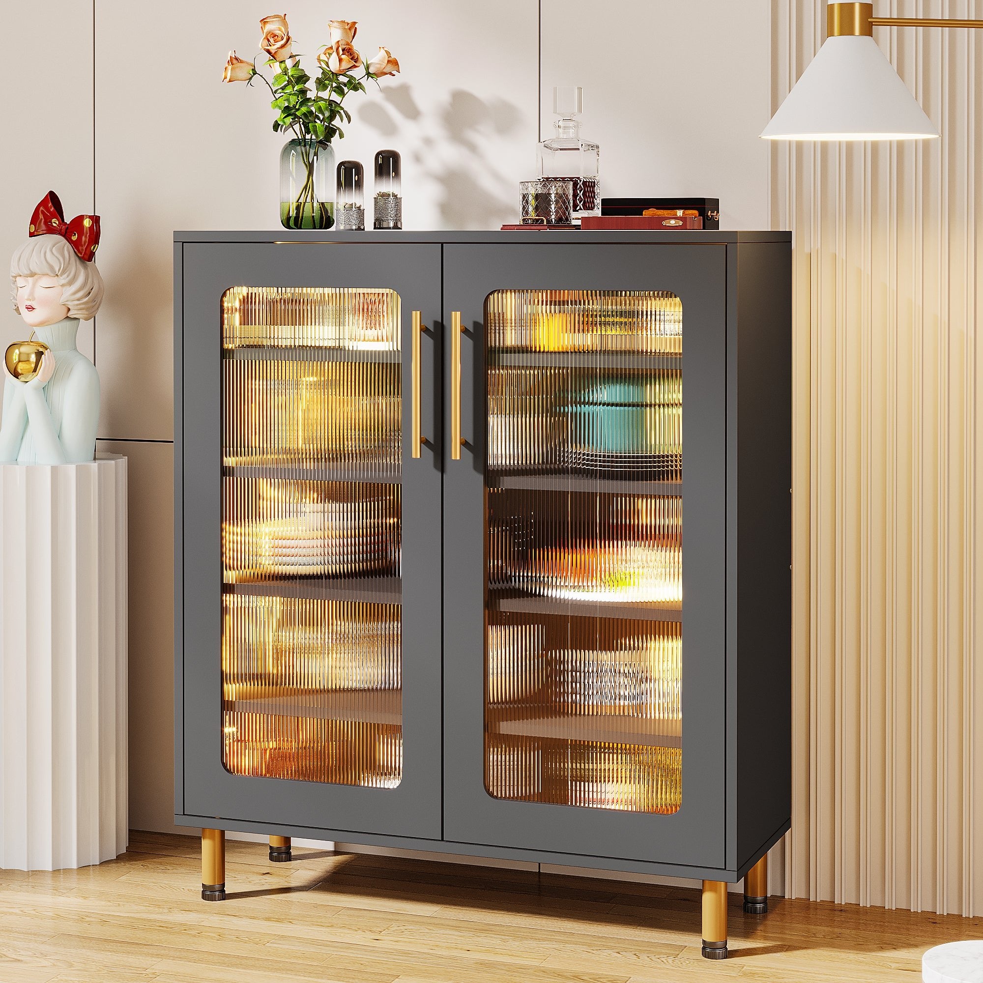 Modern Sideboard Buffet Storage Cabinet with LED Light & Acrylic Doors