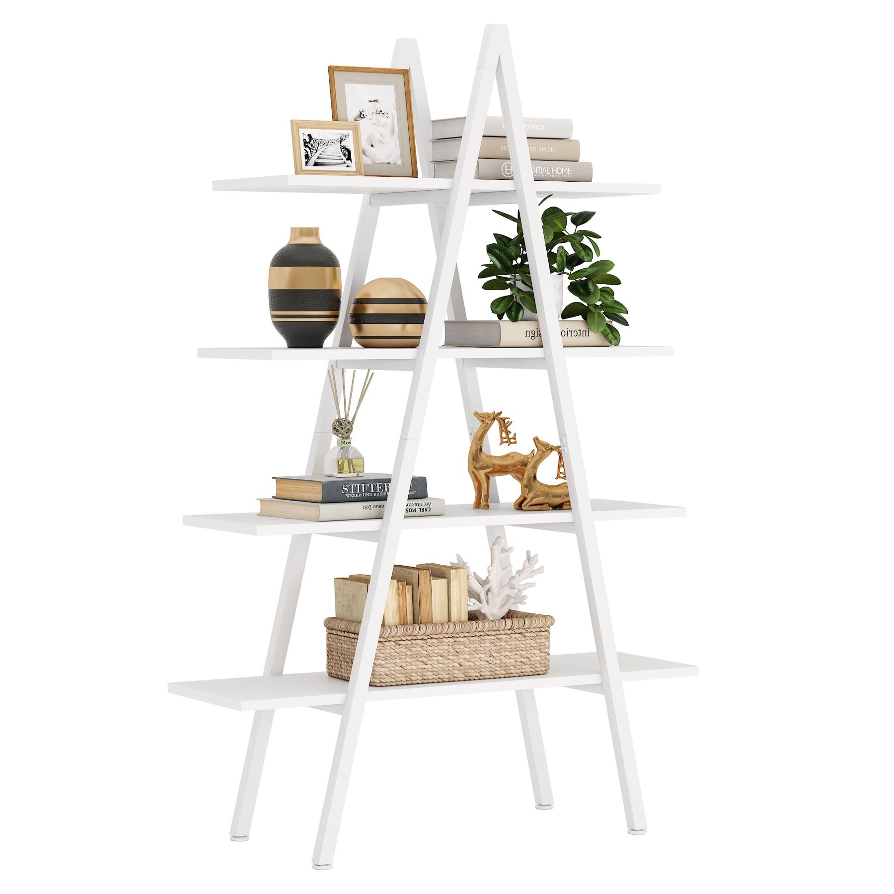 4-Tier Bookshelf, A-Shaped Bookcase Industrial Ladder Display Shelf