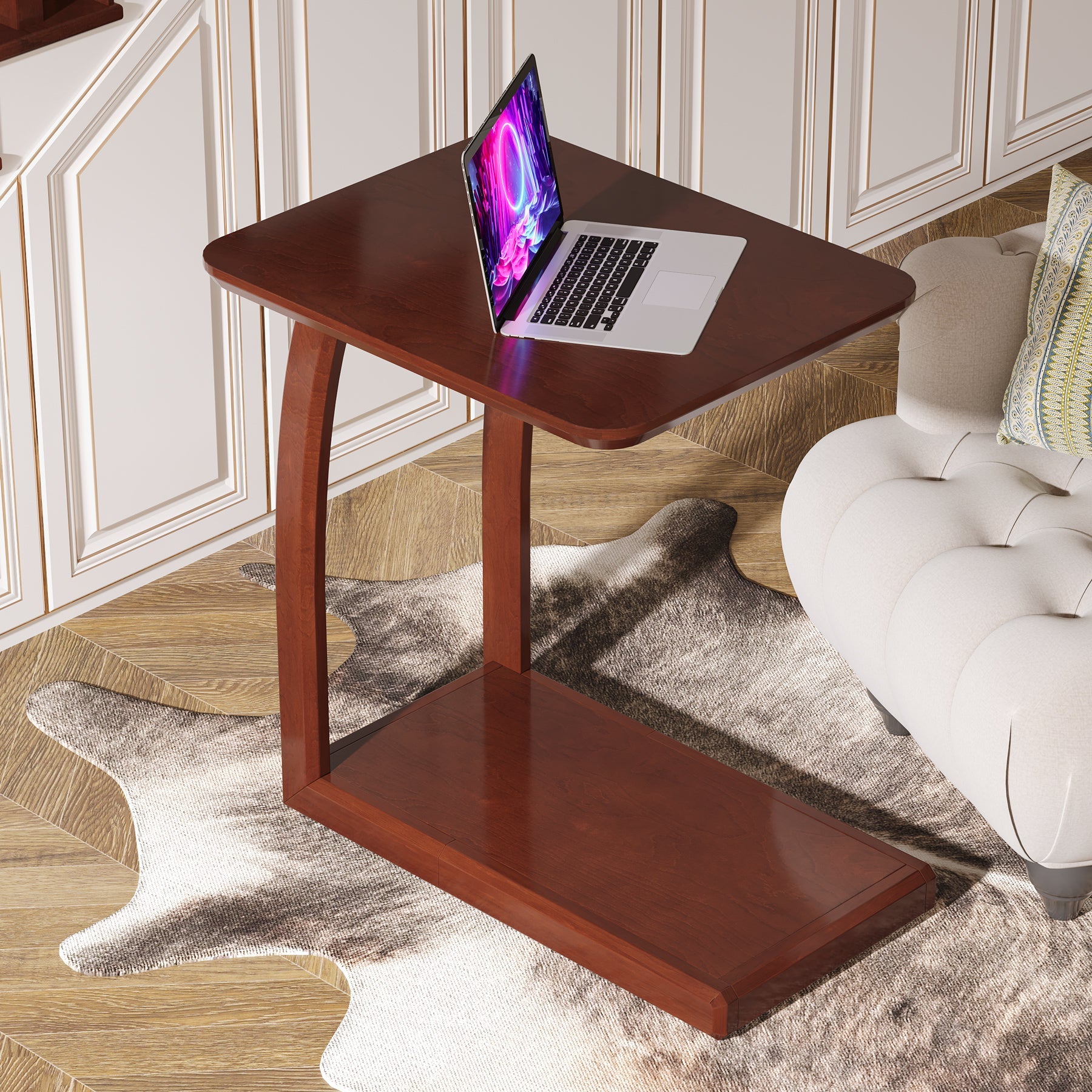 C-Shaped End Table, 2-Tier Rectangular Side Table with Solid Wood