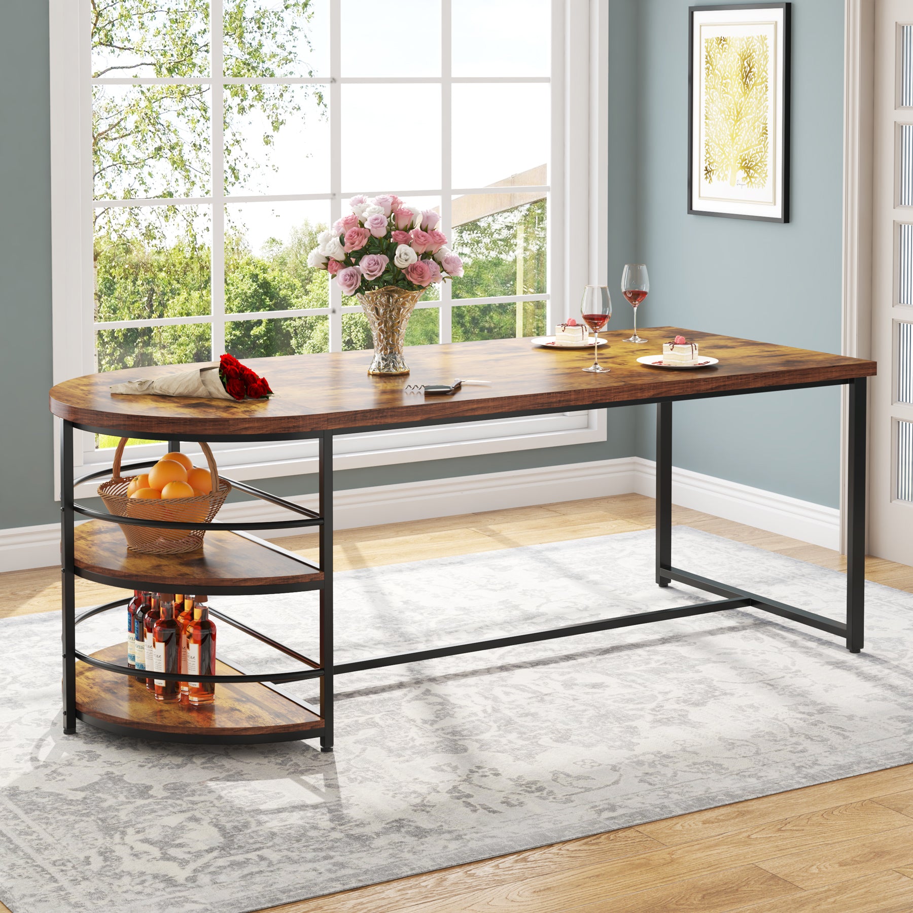 Wood Dining Table, 70.5'' Kitchen Table with Storage Shelves