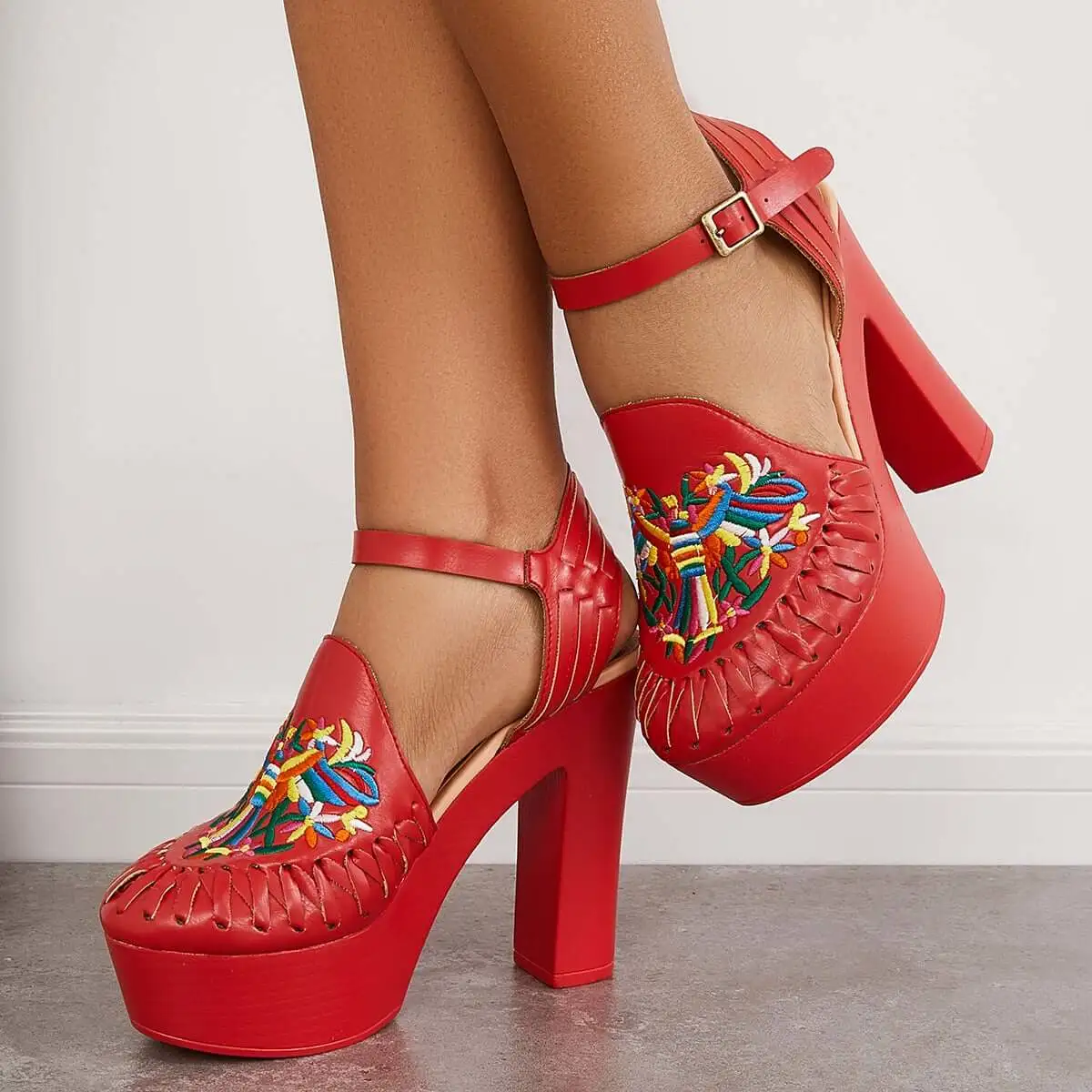 Embroidery Chunky Platform High Heels Ankle Strap Pumps
