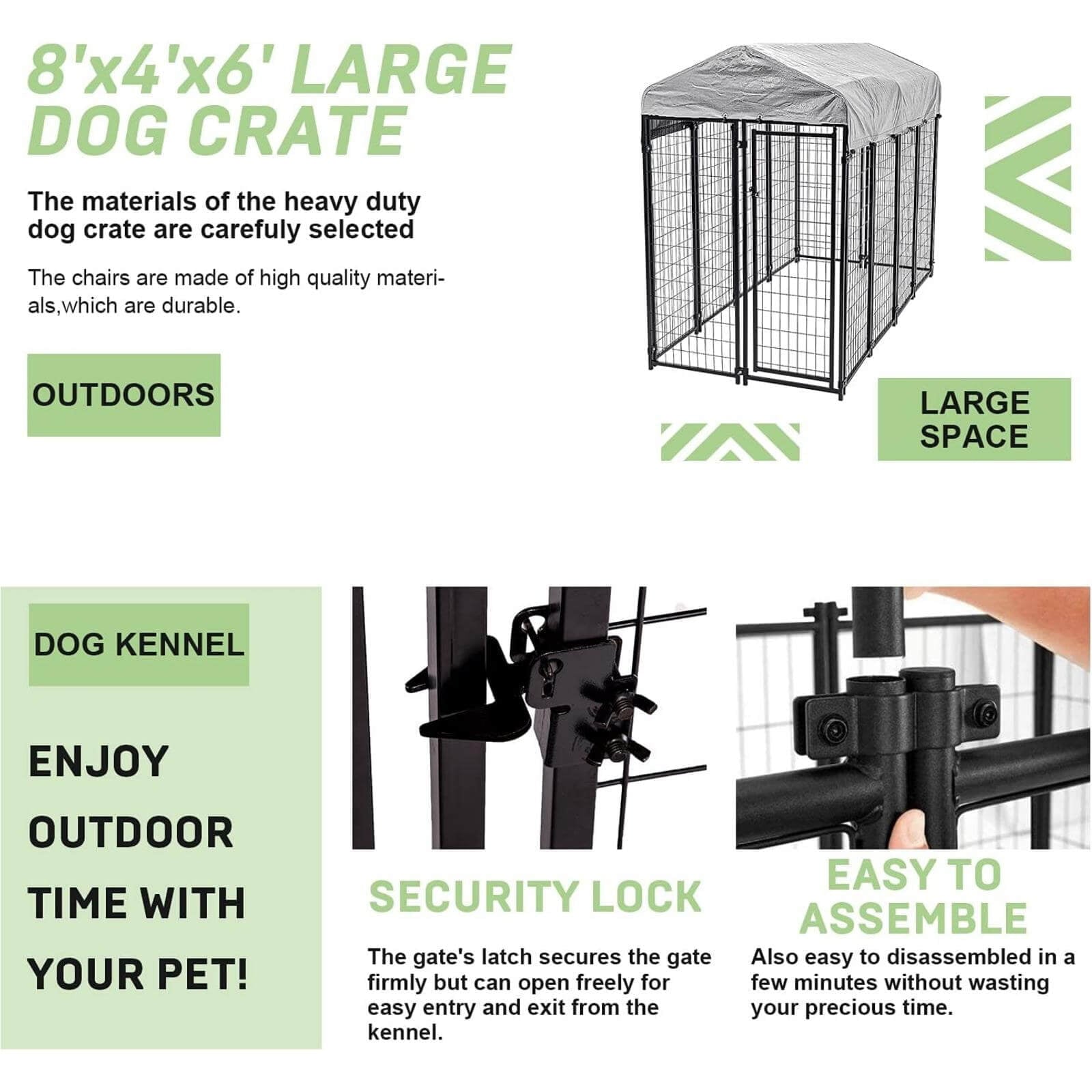 NiamVelo 8'x4'x6' Large Dog Kennel Heavy Duty Playpen Welded Dog Cage with Water-Resistant Cover， Outdoor Dog Fence Crate for Backyard， Black