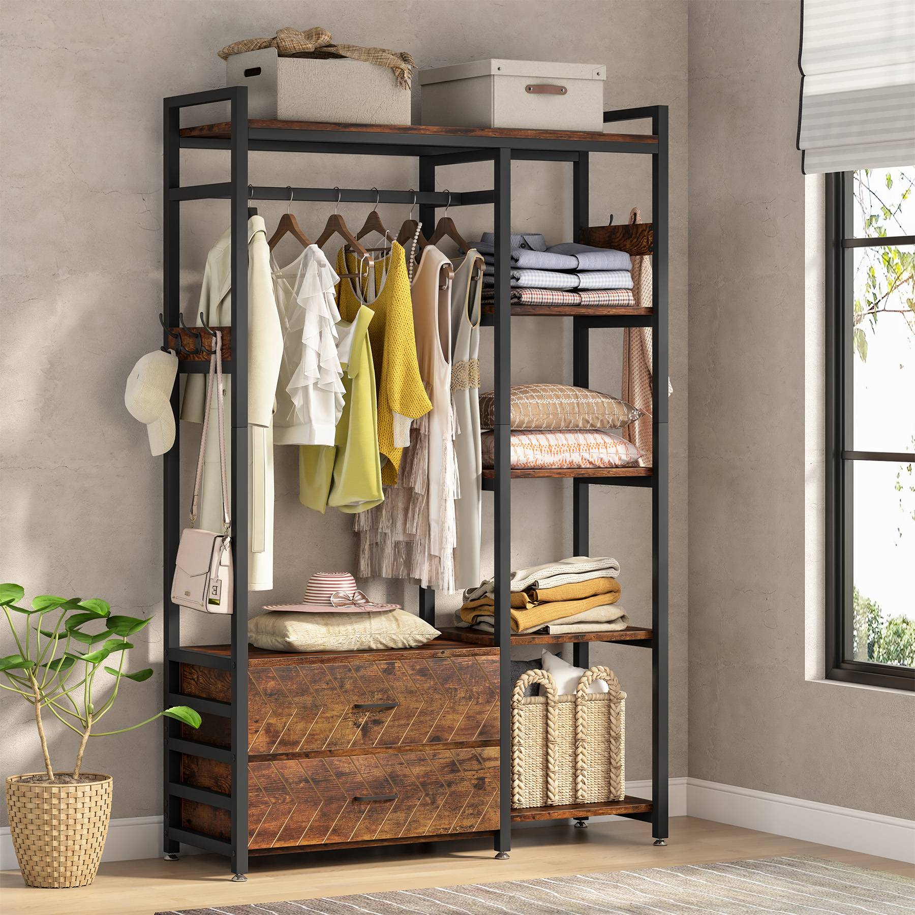 Freestanding Closet Organizer, Garment Rack with 2 Fabric Drawers