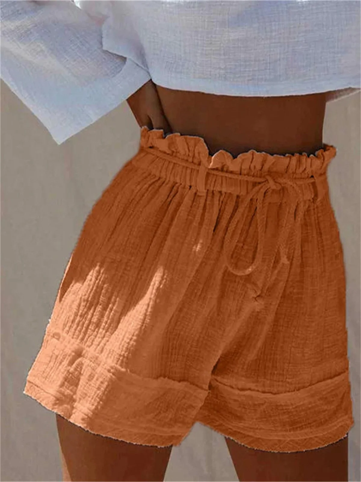 Ladies Cotton Linen High Waist Casual Shorts