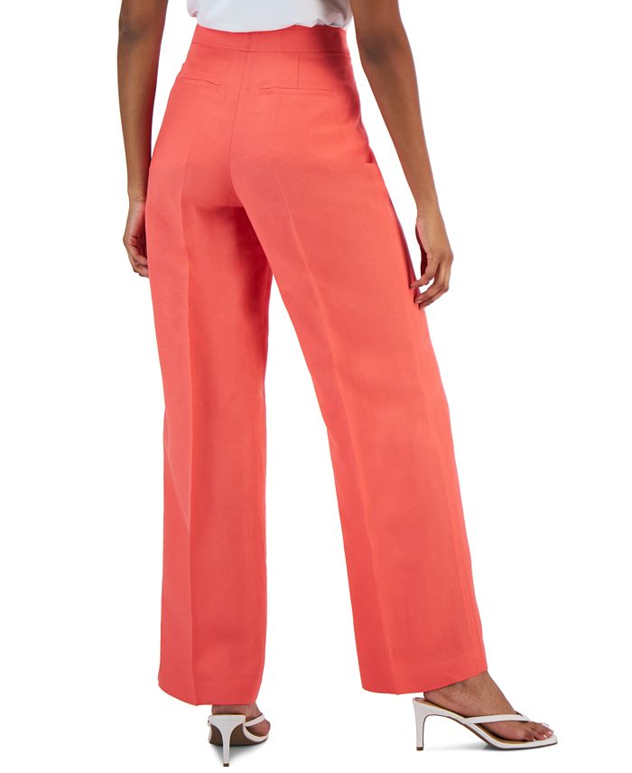 Women's Linen High Rise Wide-Leg Asymmetrical-Fly Pants