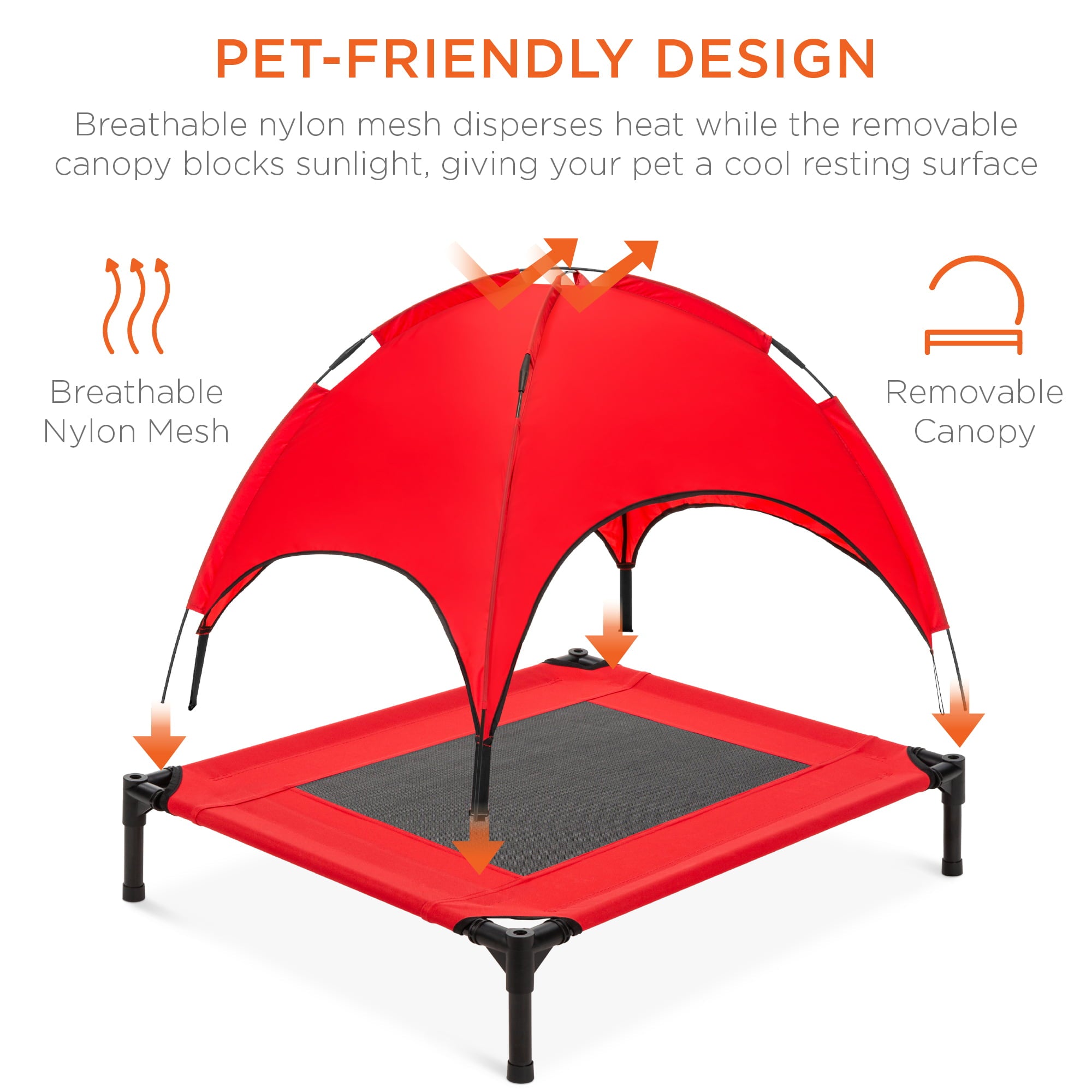 Best Choice Products 30in Elevated Cooling Dog Bed， Outdoor Raised Mesh Pet Cot w/ Removable Canopy， Carrying Bag - Red