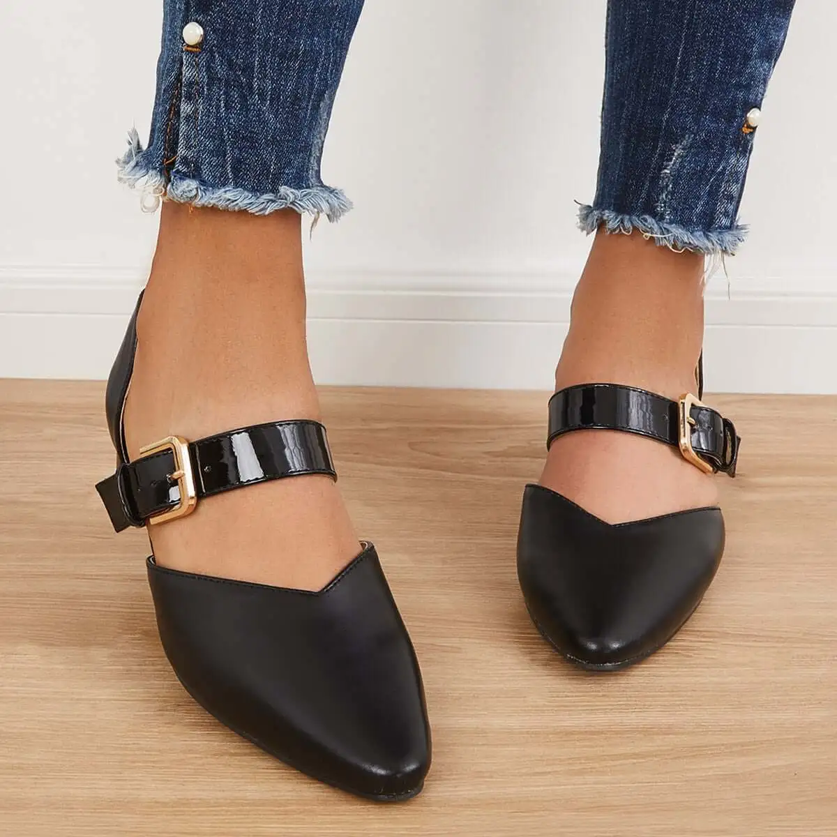 Block Low Heel Mary Jane Pumps Pointed Toe Buckle Dress Shoes