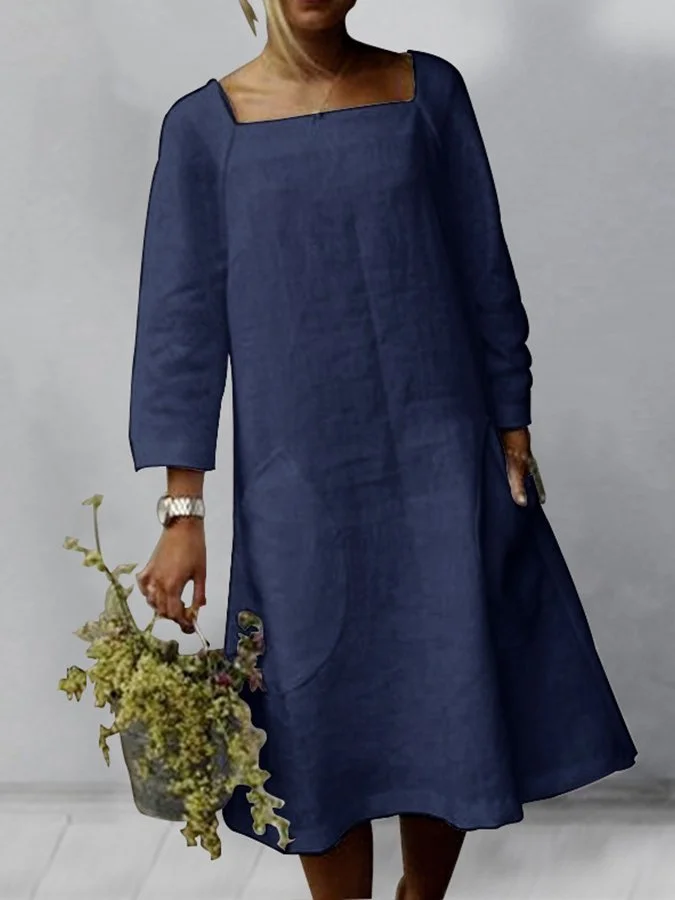 Ladies Cotton Linen Pocket Casual Solid Color Dress