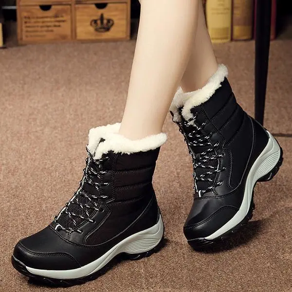 New Fashion Winter Fur Lining Lace Up Waterproof Mid-Calf Boots