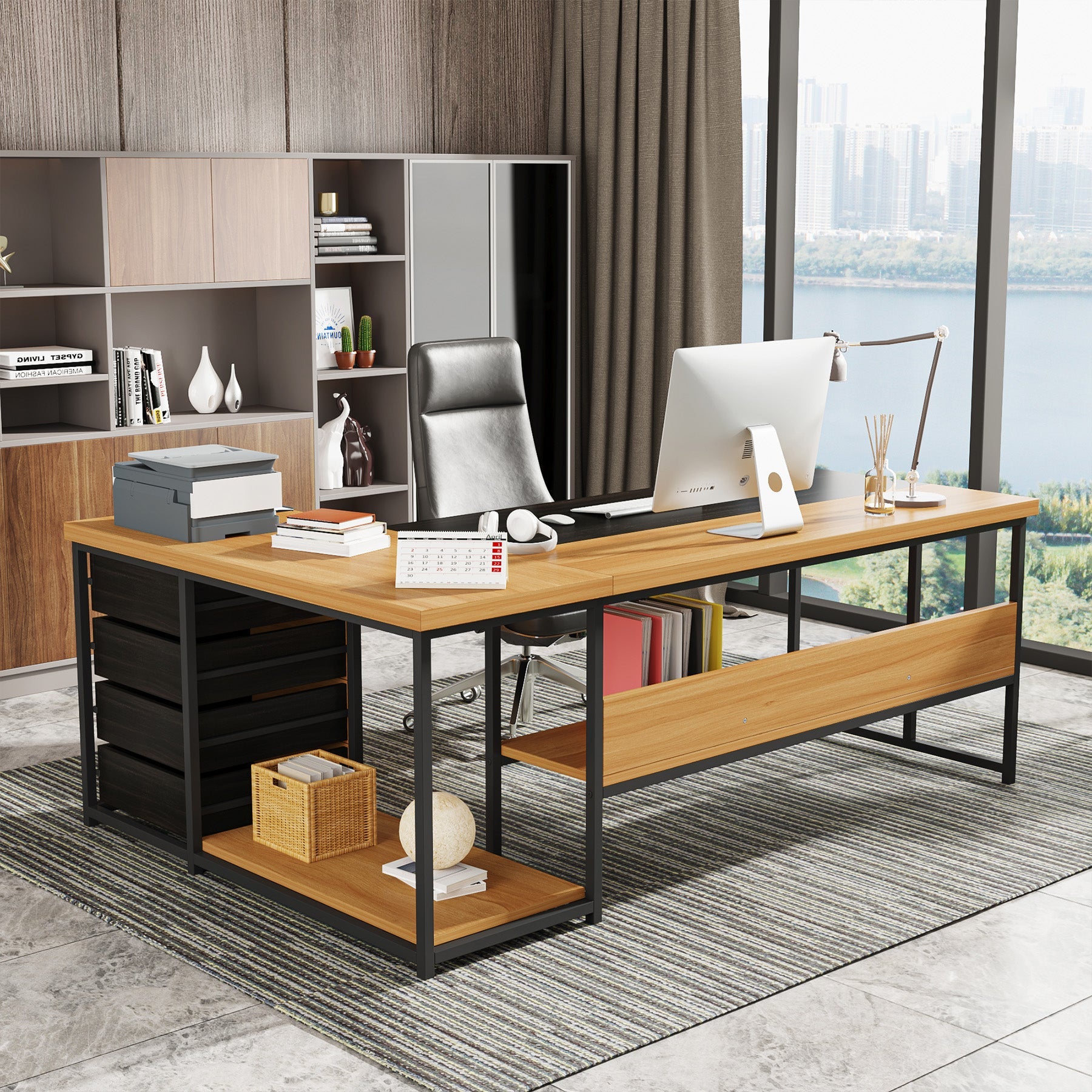 L-Shaped Desk with 4 Drawers, 62.2