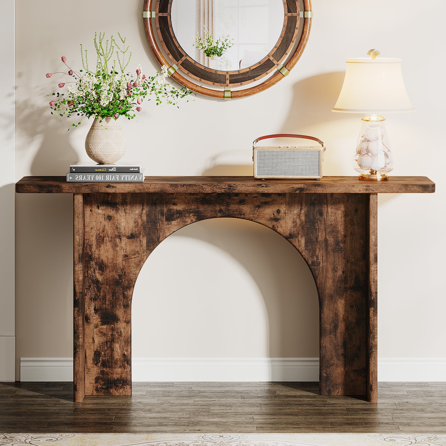 63-Inch Console Table, Wood Farmhouse Entryway Table with Arch Brace