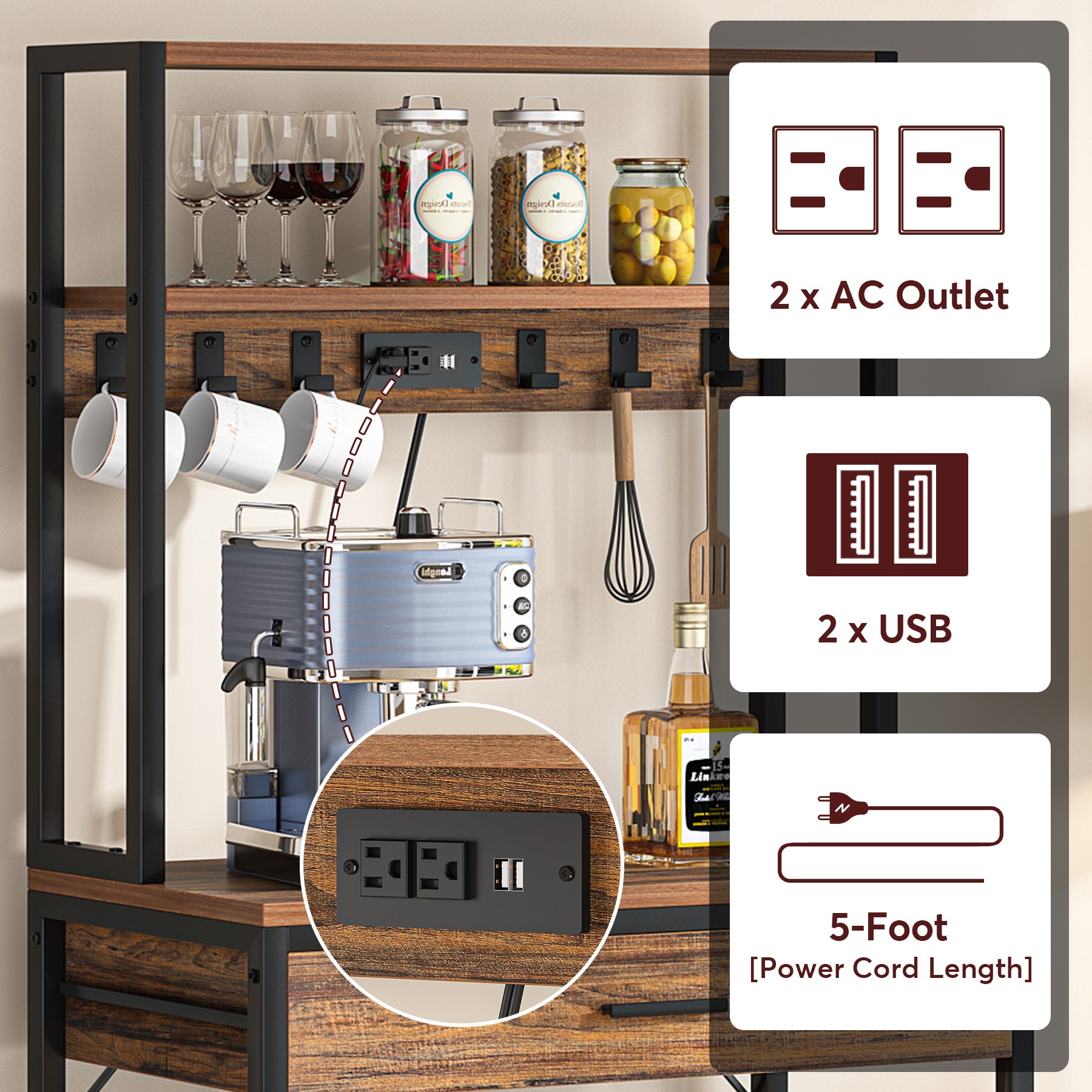 5-Tier Kitchen Baker's Rack with Power Outlets, Drawer & Sliding Shelves