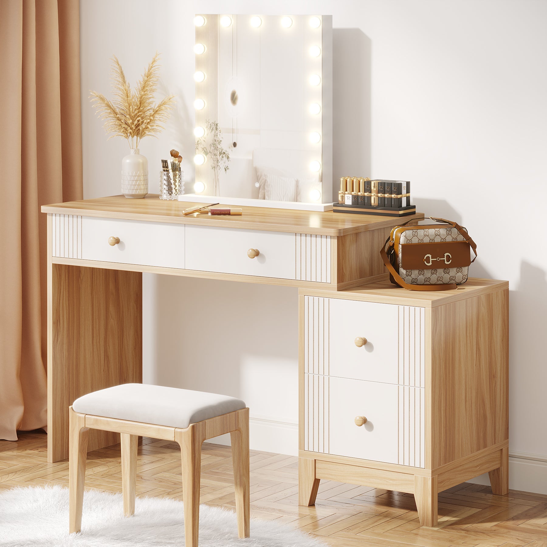 Modern Makeup Vanity Desk Dressing Table with 4 Drawers & Lighted Mirror