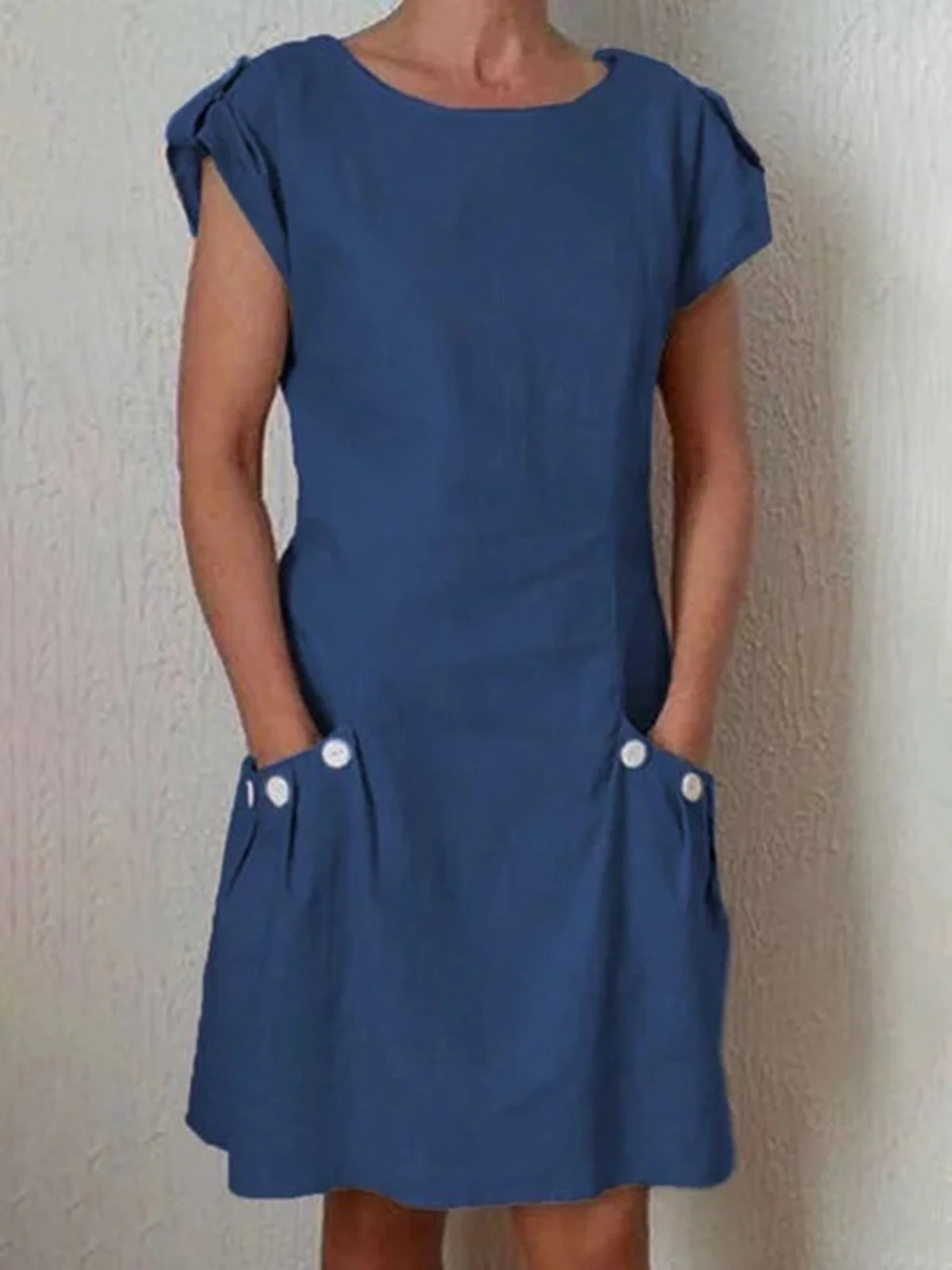 Women's Pure Color Pleated Pocket Cotton Dress