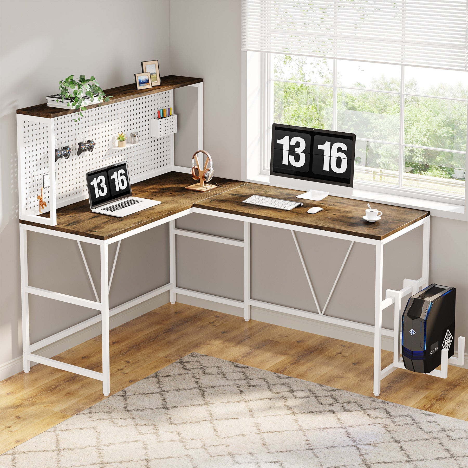 Reversible L-Shaped Desk, 2 IN 1 Two Person Computer Desk with Hutch