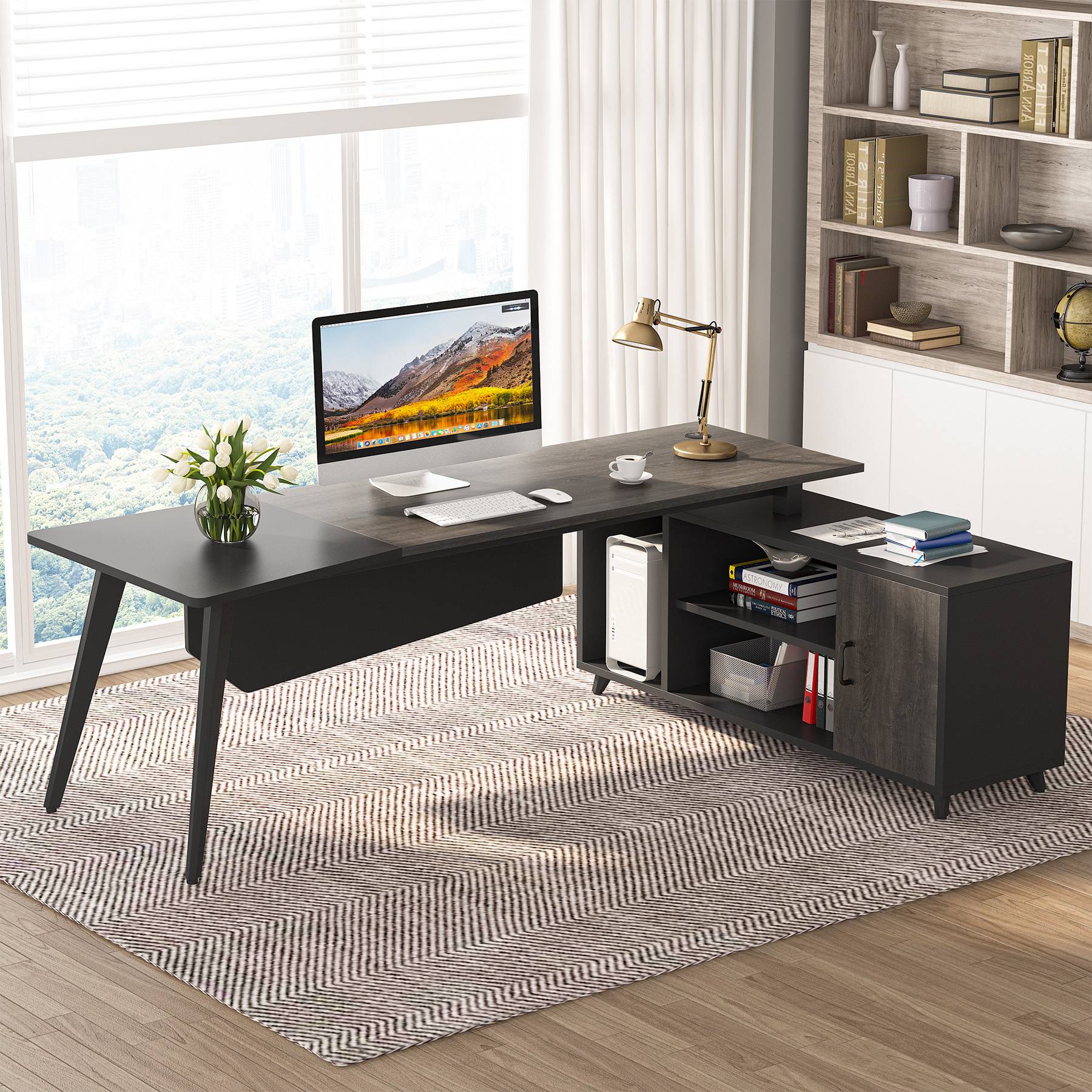 Industrial L-Shaped Desk, 78.74 Inch Executive Office Desk with File Cabinet