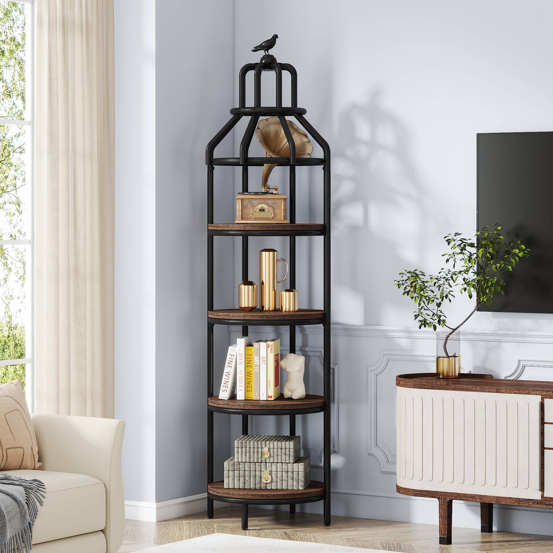 Industrial Bookshelf, 4-Tier Etagere Bookcase with Bird Cage Design