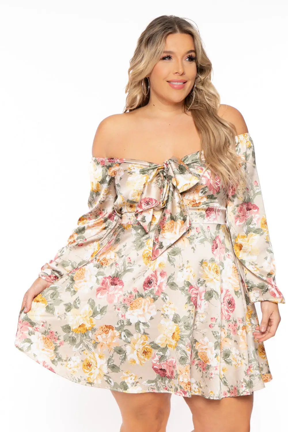 Plus Size Evianna Floral Satin Dress - Gold