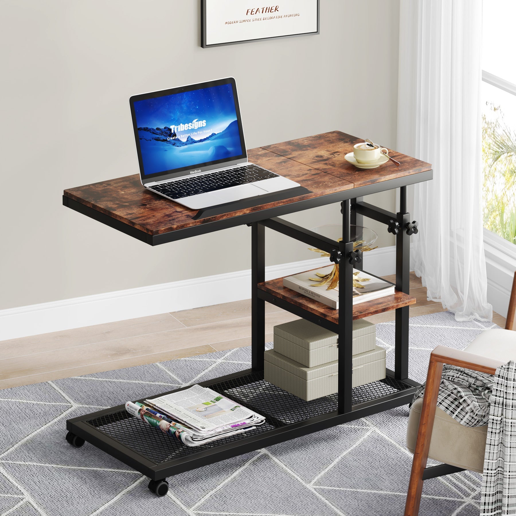 Mobile C Table, Height Adjustable Snack Tray Table with Wheels