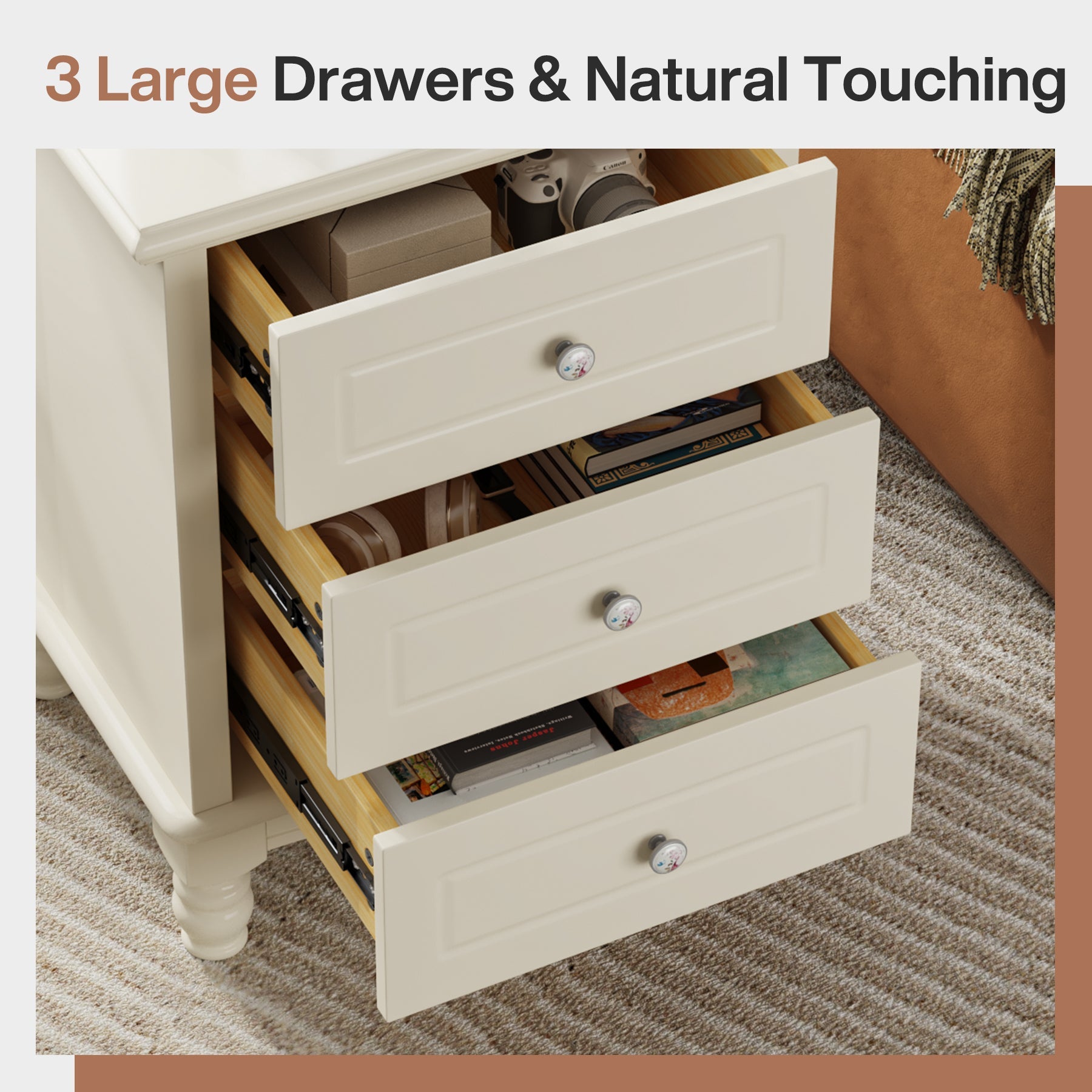 3-Drawer Nightstand, All-Wood Bedside Table Farmhouse End Table