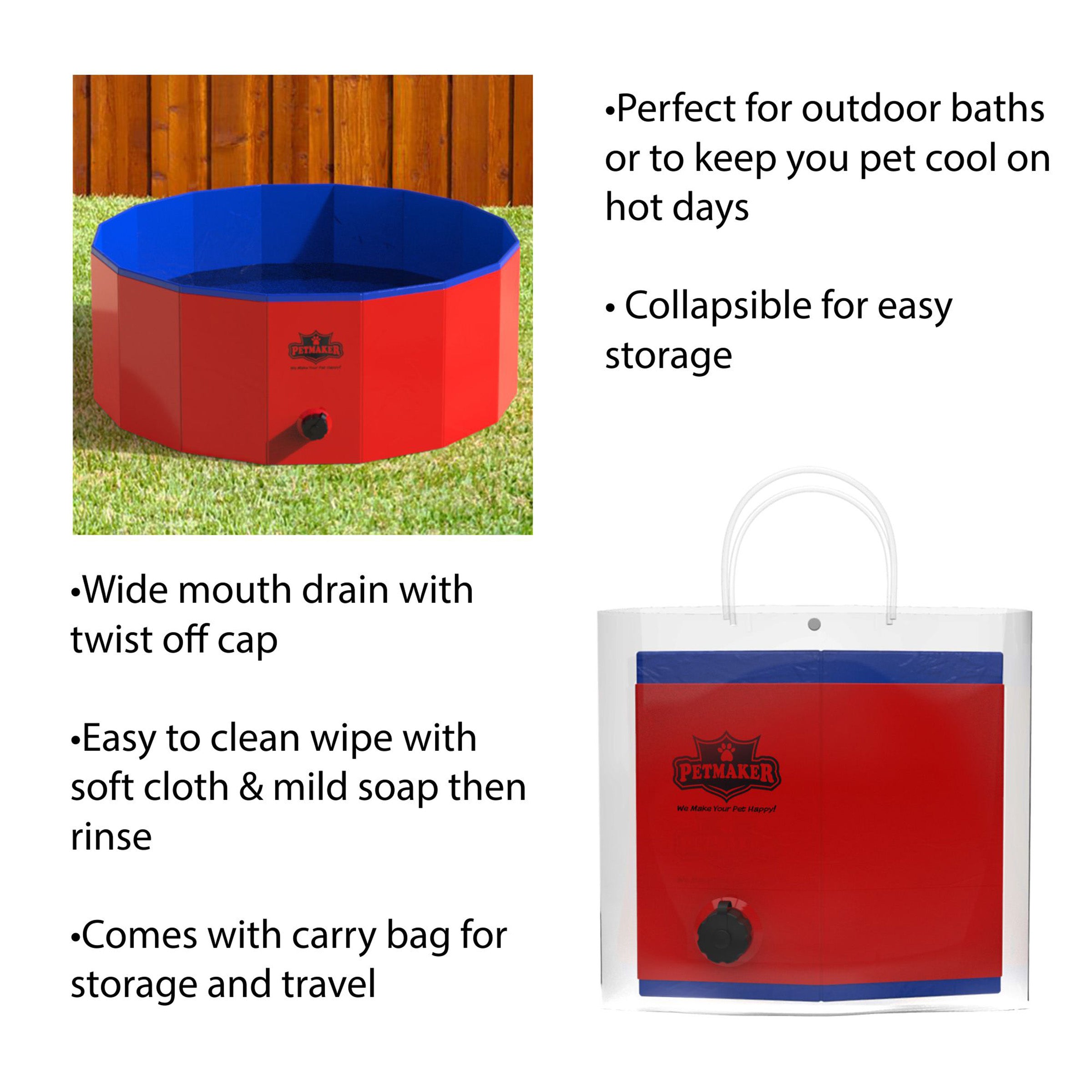Dog Pool - Portable， Foldable 30.5-Inch Doggie Pool with Drain and Carry Bag - Pet Swimming Pool for Bathing or Play by PETMAKER (Red)