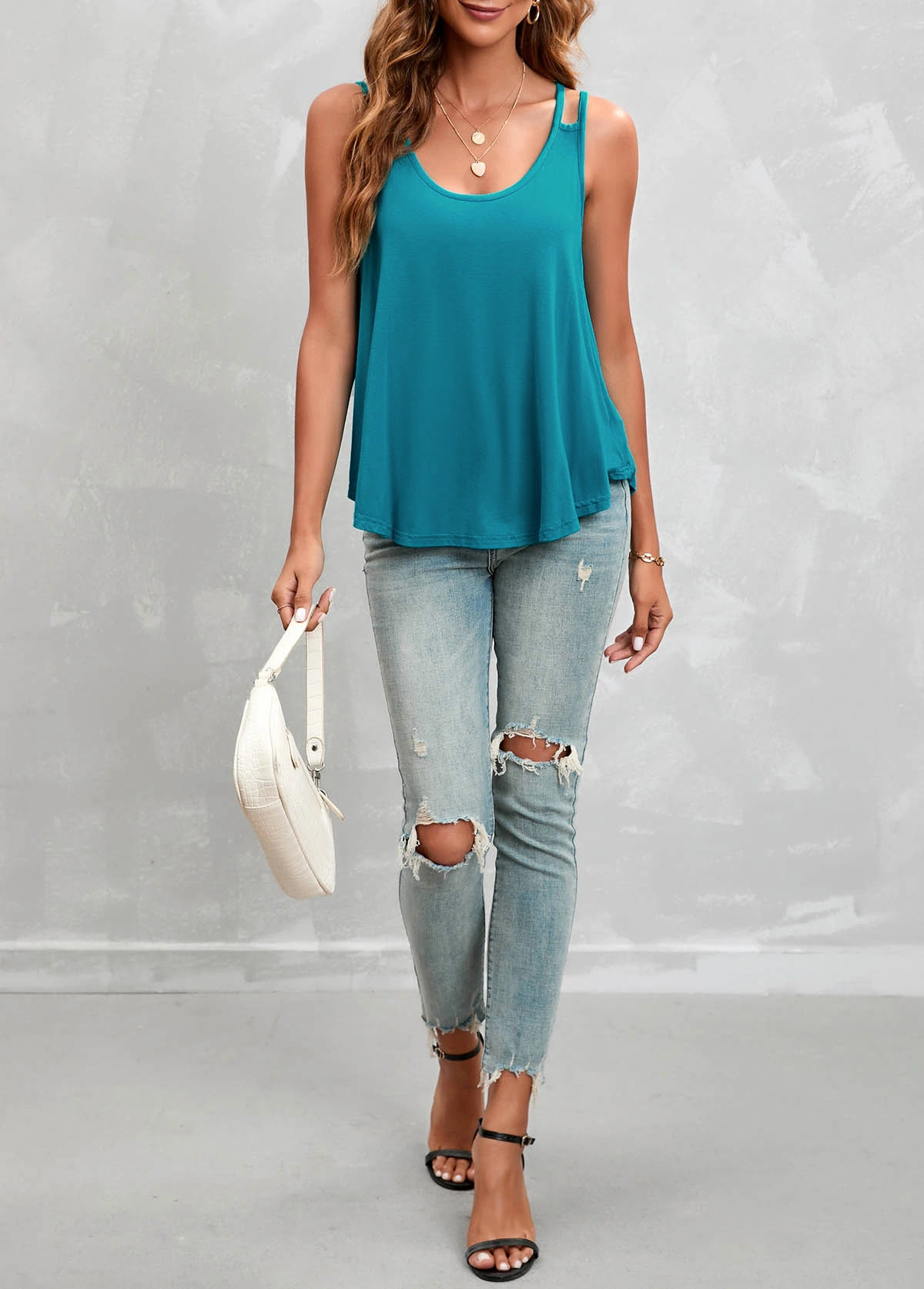 Double Straps Curved Hem Turquoise Tank Top
