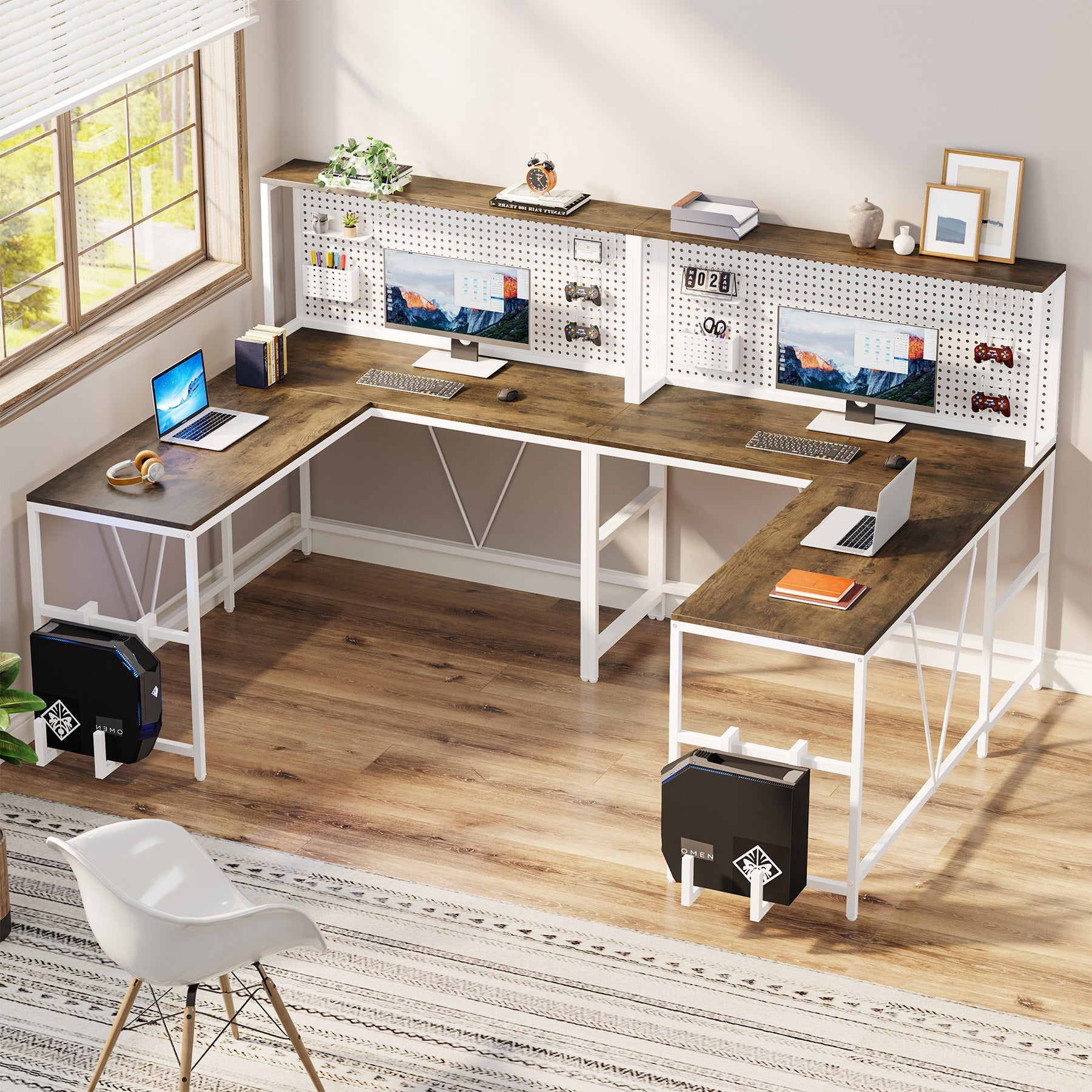 Reversible L-Shaped Desk, 2 IN 1 Two Person Computer Desk with Hutch