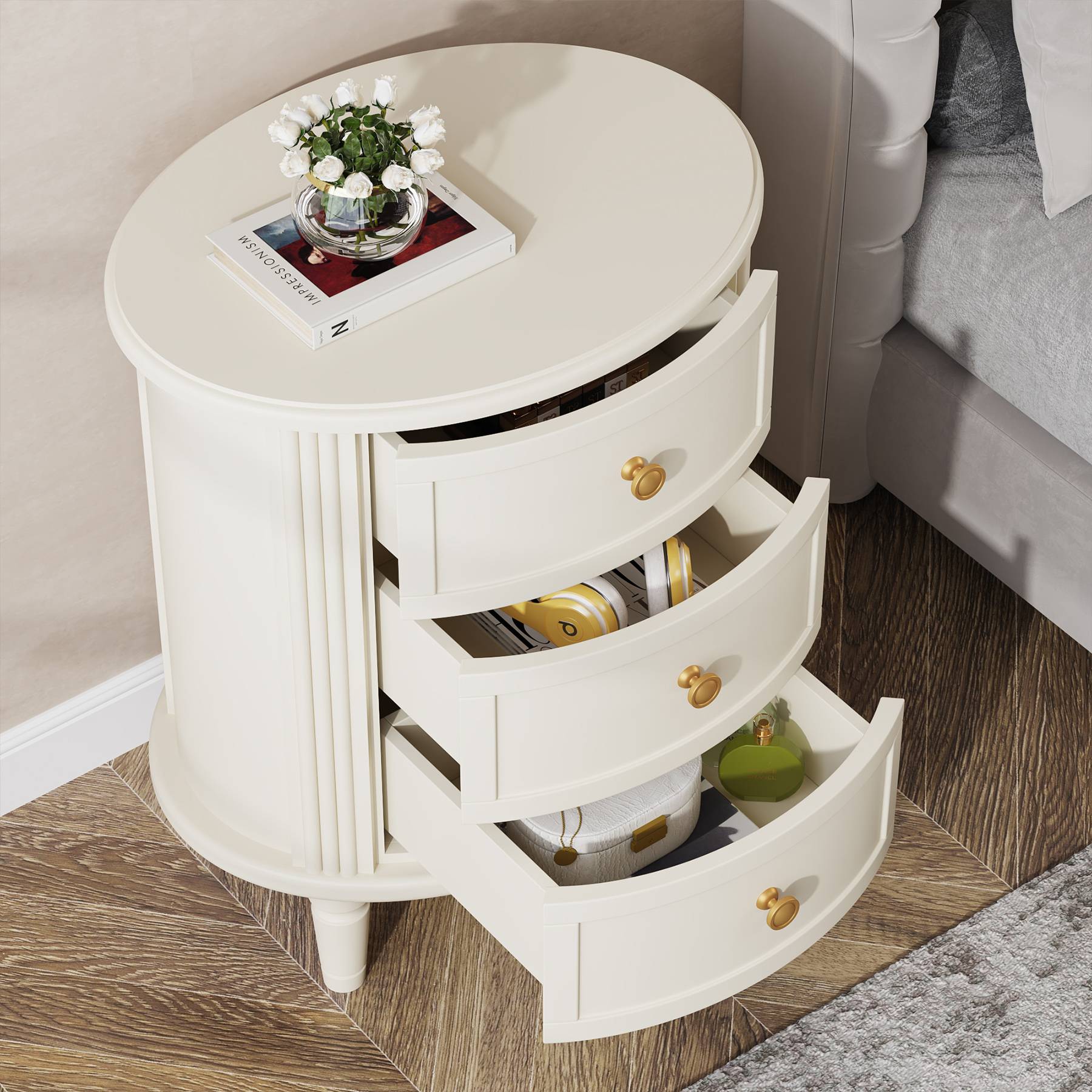 Wood Nightstand Bedside Table with 3 Drawers & Solid Wood Legs