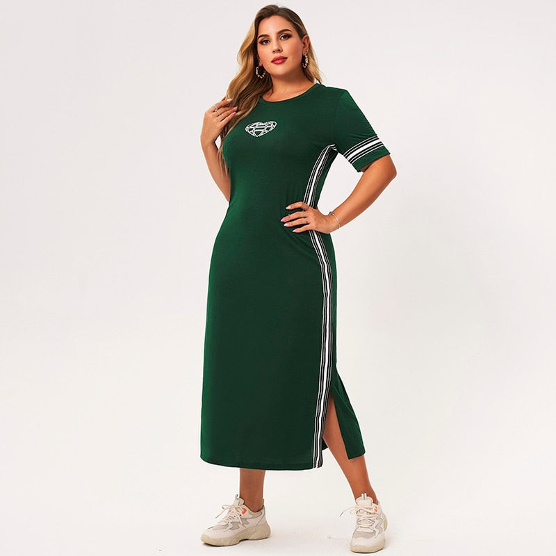 2021 New Summer Dress Women Green Splicing Striped O-neck Short Sleeve Slim Casual College Plus Size Dresses With Heart-Shaped