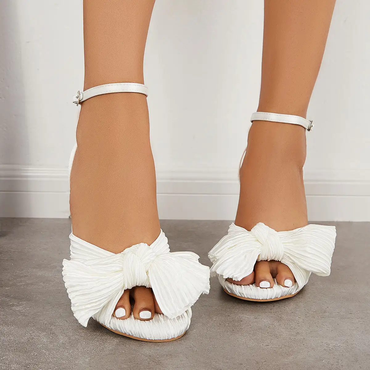Pleated Bowknot Block Chunky Bridal Heels Ankle Strap Sandals