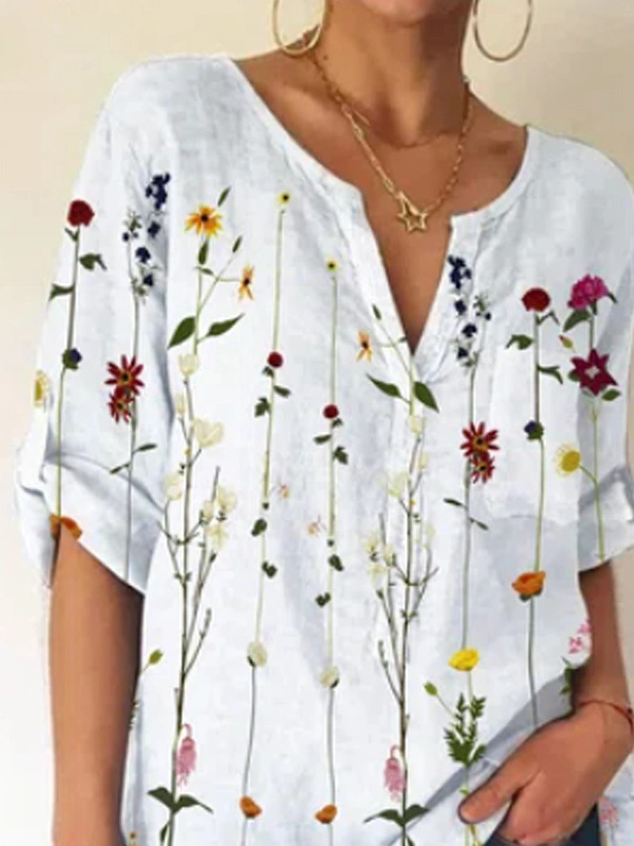 Ladies V-neck Floral Print Fashion Short-sleeved Blouse