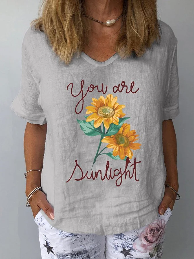 Women's Sunflower Print Loose V-Neck Short Sleeve T-Shirt
