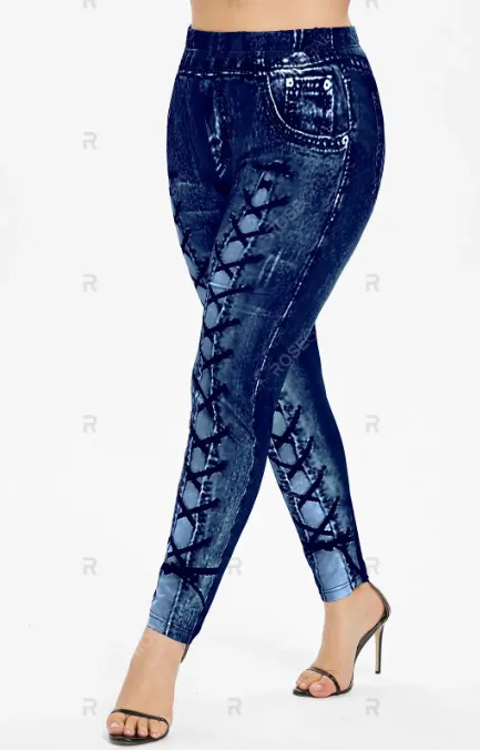 Roll Up Sleeve Lace Up Asymmetric Tee and 3D Printed Leggings Plus Size Outfit